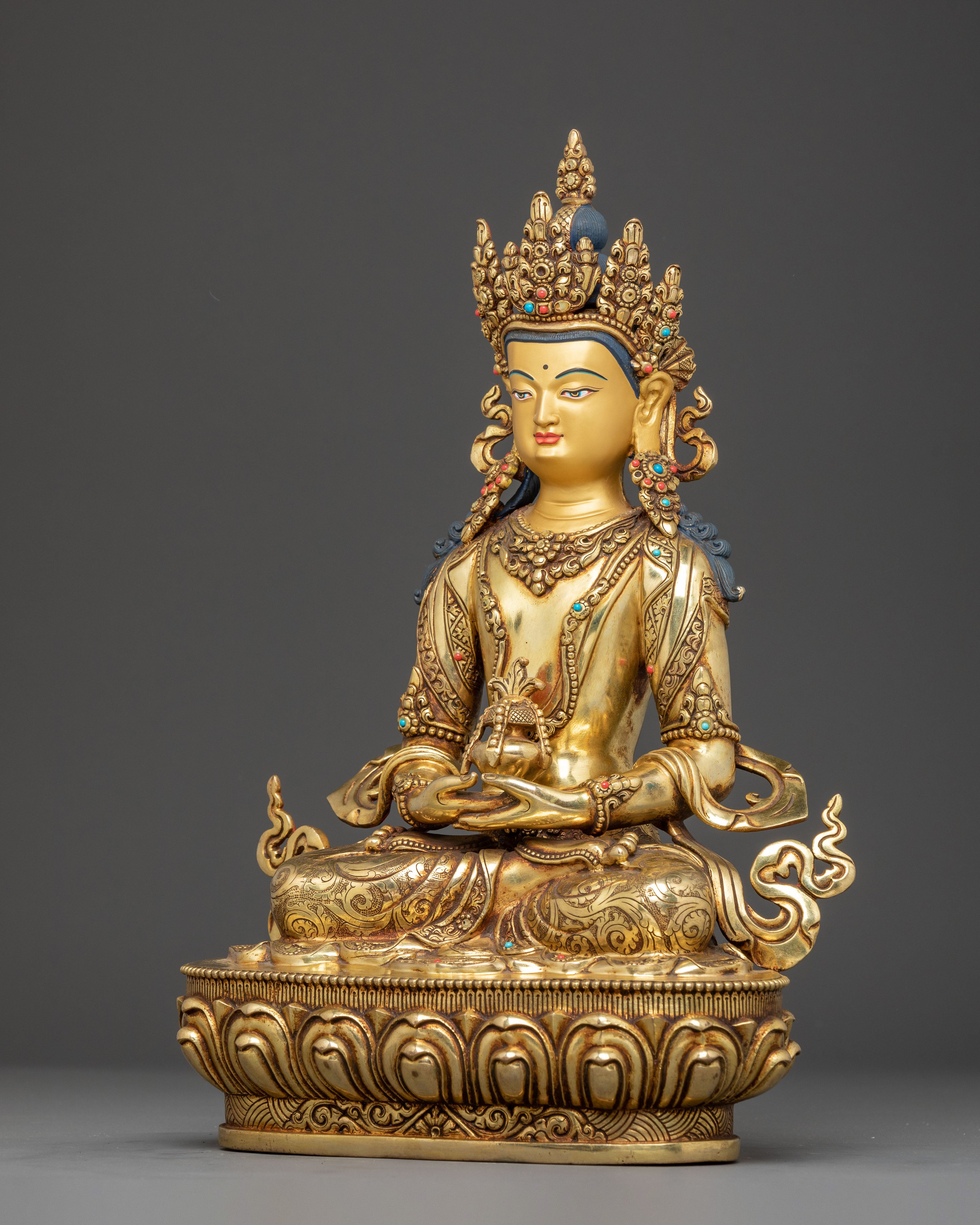 Golden Amitayus Handcrafted Statue | Tibetan Longevity Deity