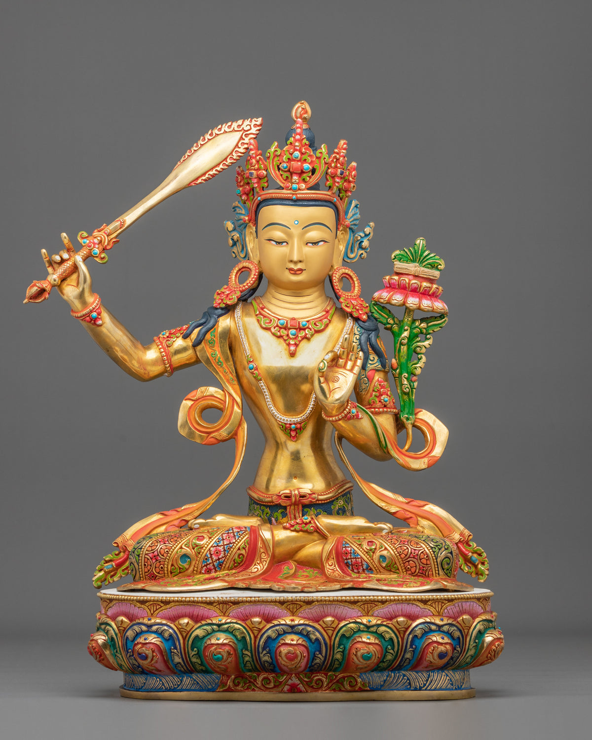 Manjushri 24K Gold Gilded Copper Statue: Wisdom Embodied