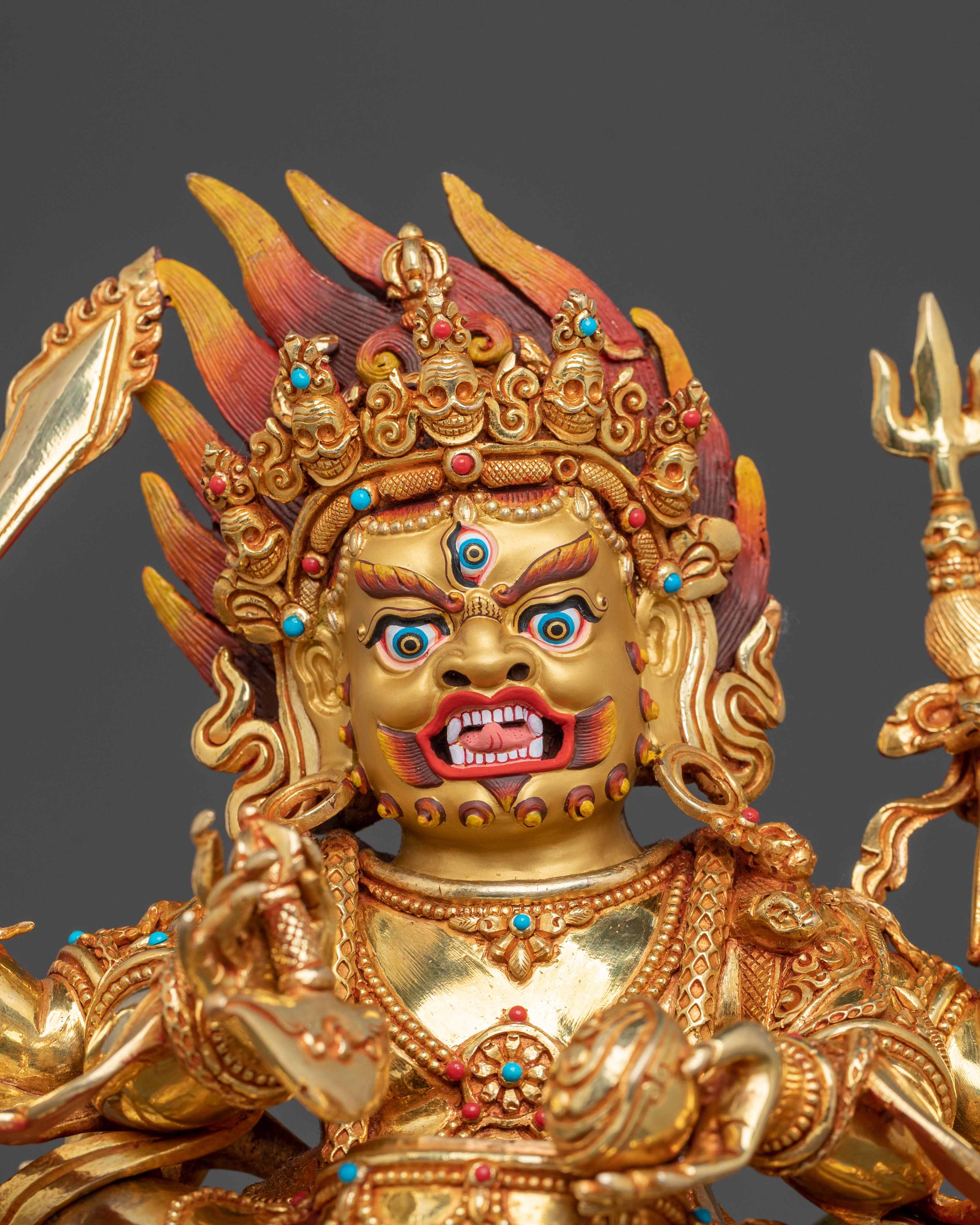 Chaturbhuja Mahakala Statue with Consort | Golden Figure
