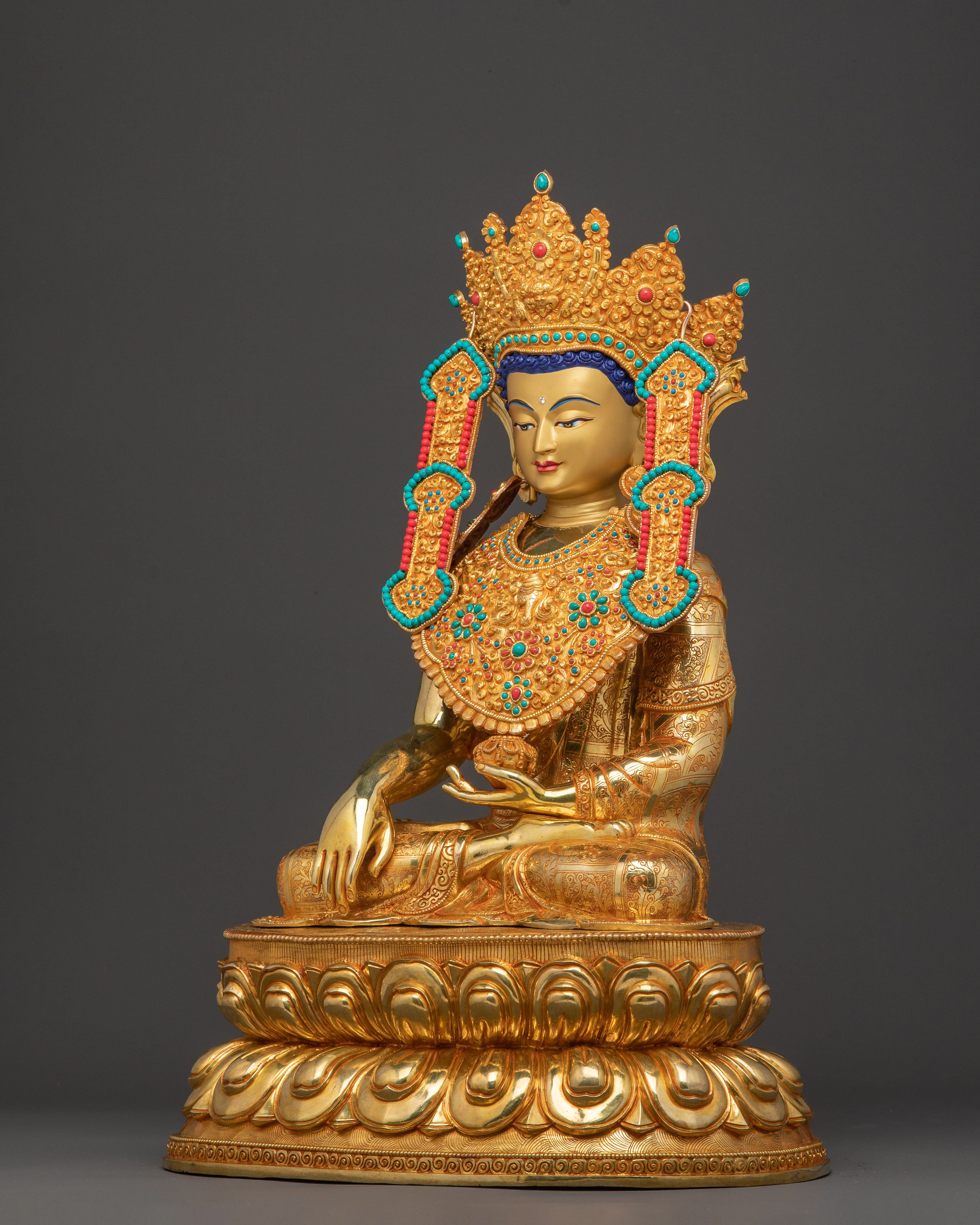 Crown Shakyamuni Buddha Statue - 24K Gold Gilded Art