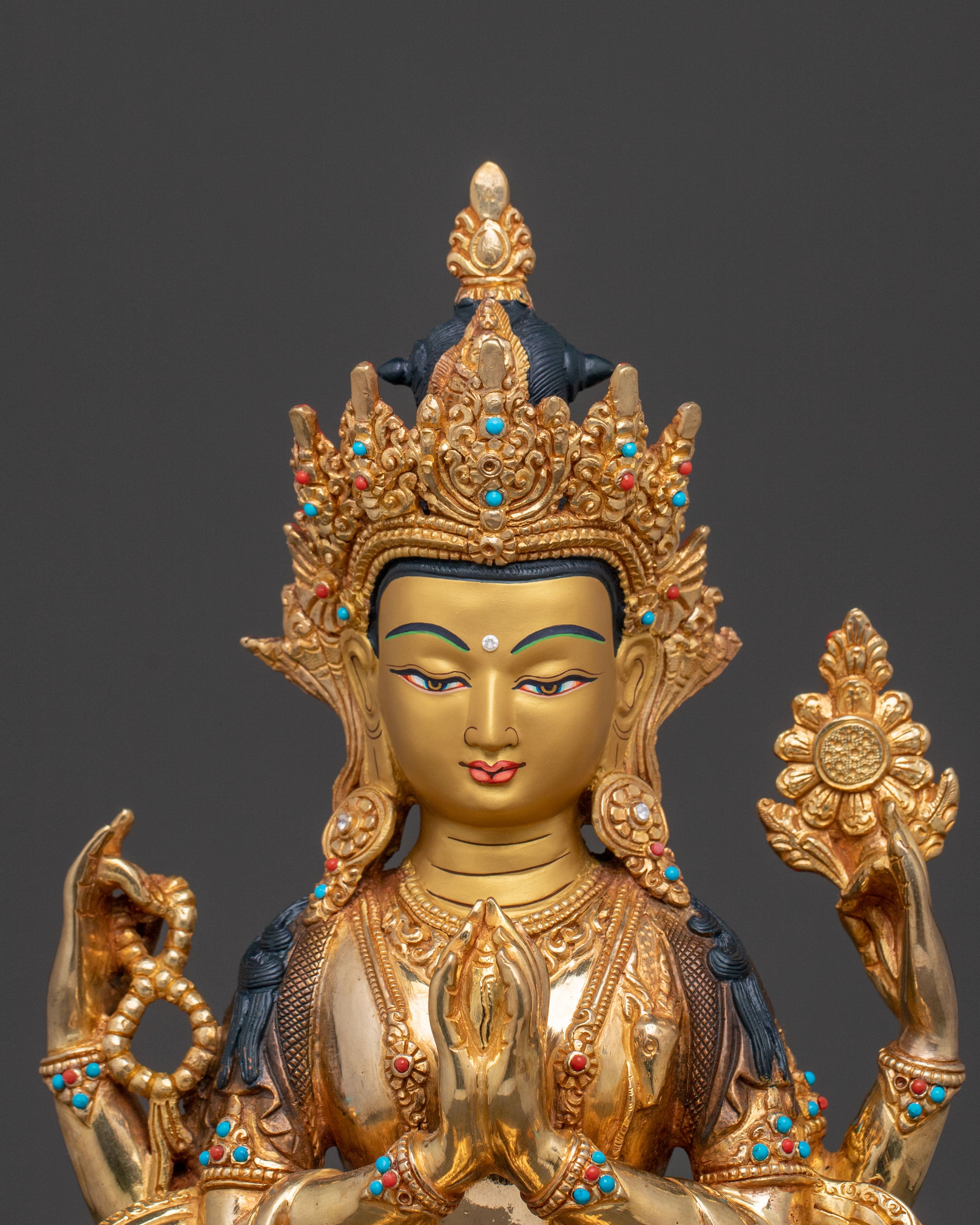 Chenrezig Tranquil Protector Statue | 24K Gilded Copper