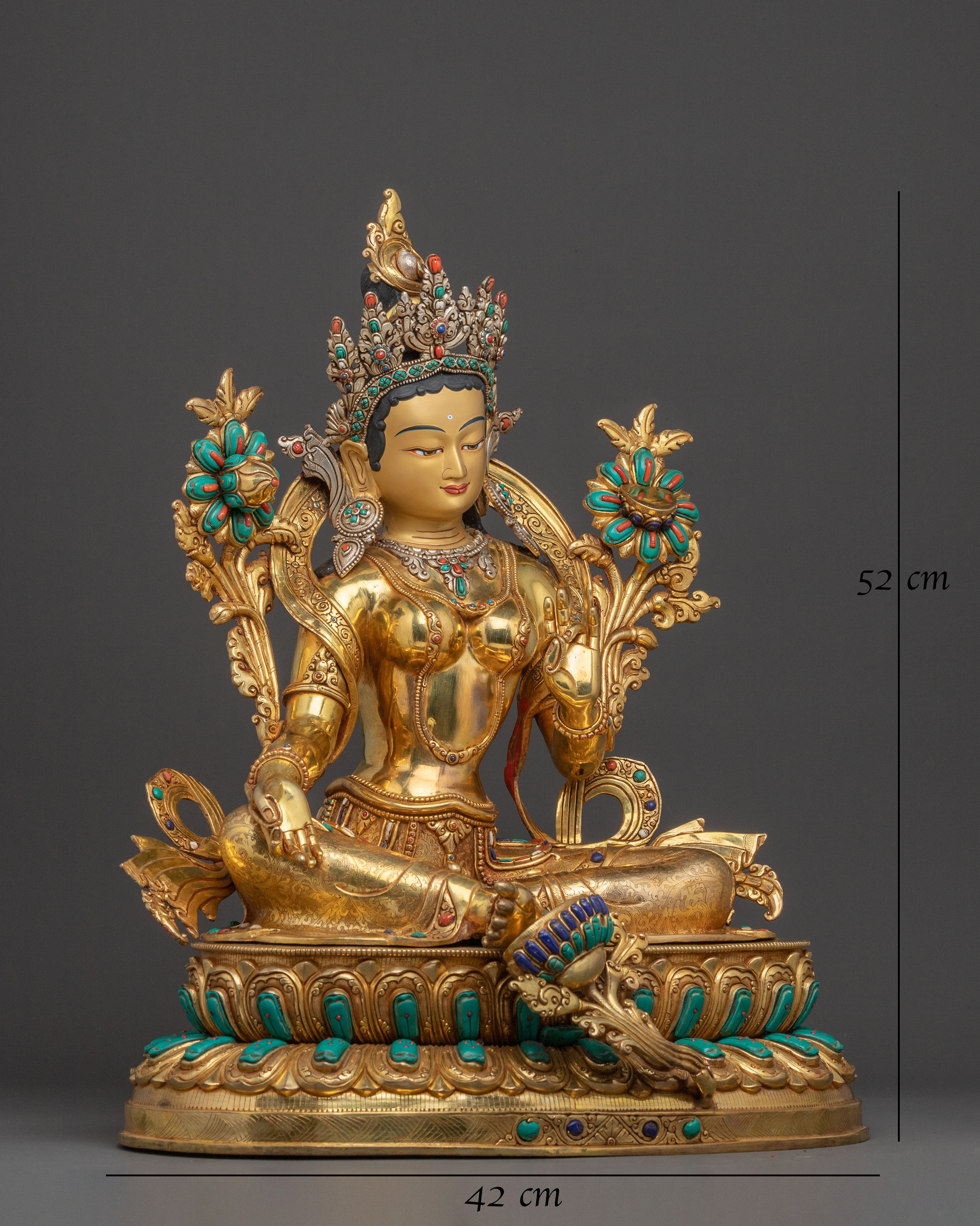 Green Tara Goddess Golden Statue - Triple Layer of 24K Gold Gilding