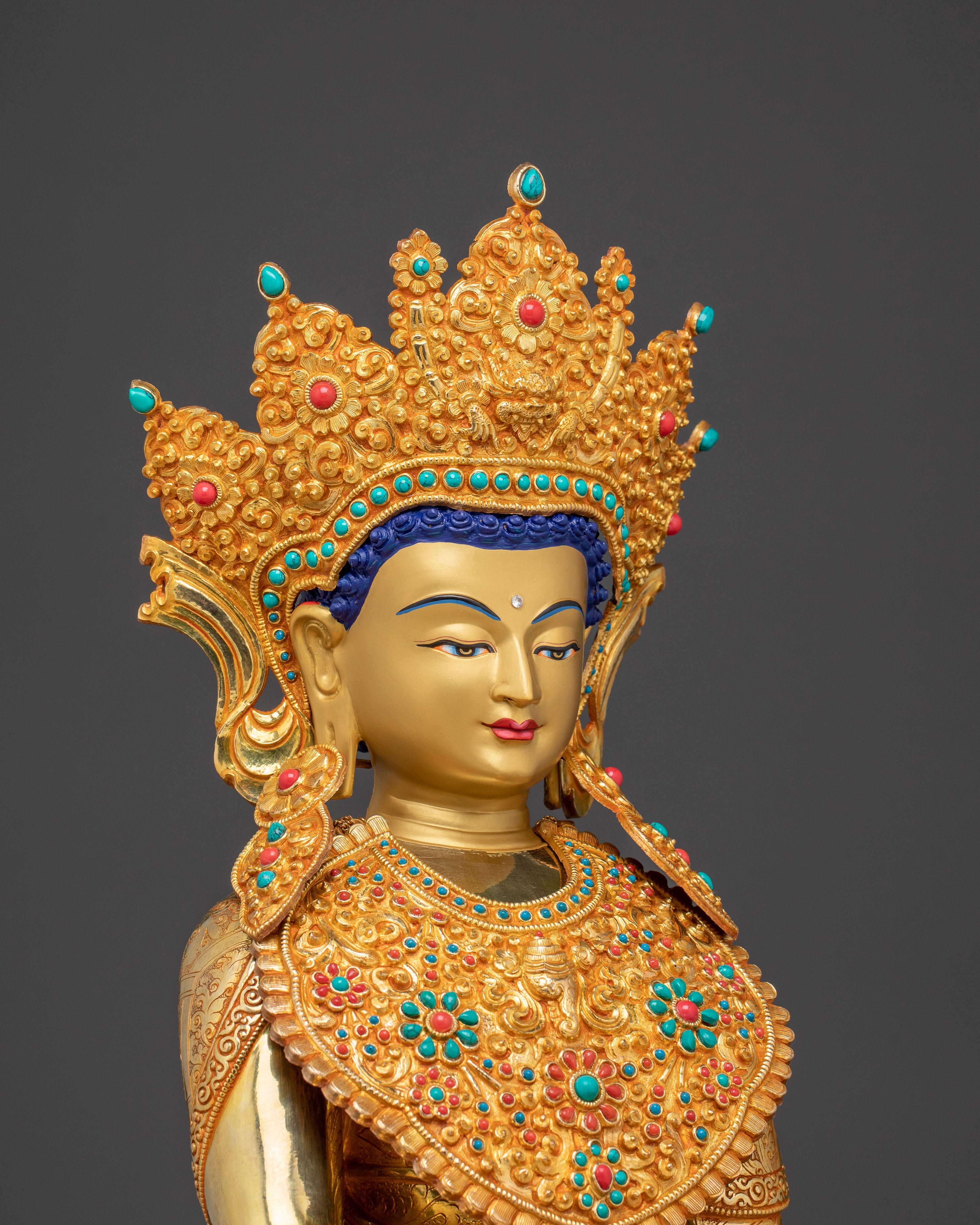 Crown Shakyamuni Buddha Statue - 24K Gold Gilded Art