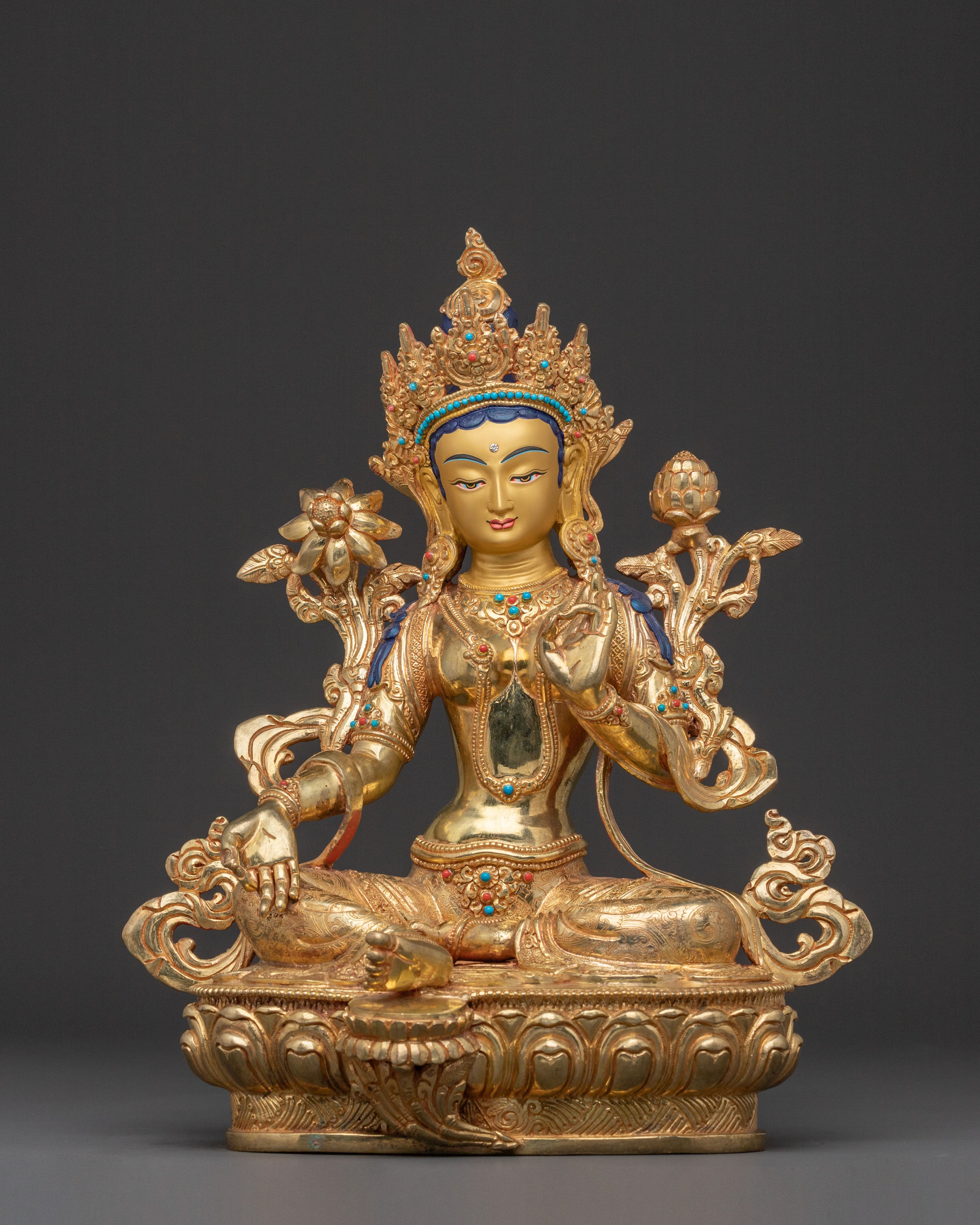 Green Tara Statue: Radiant 24K Gold Gilded Sculpture