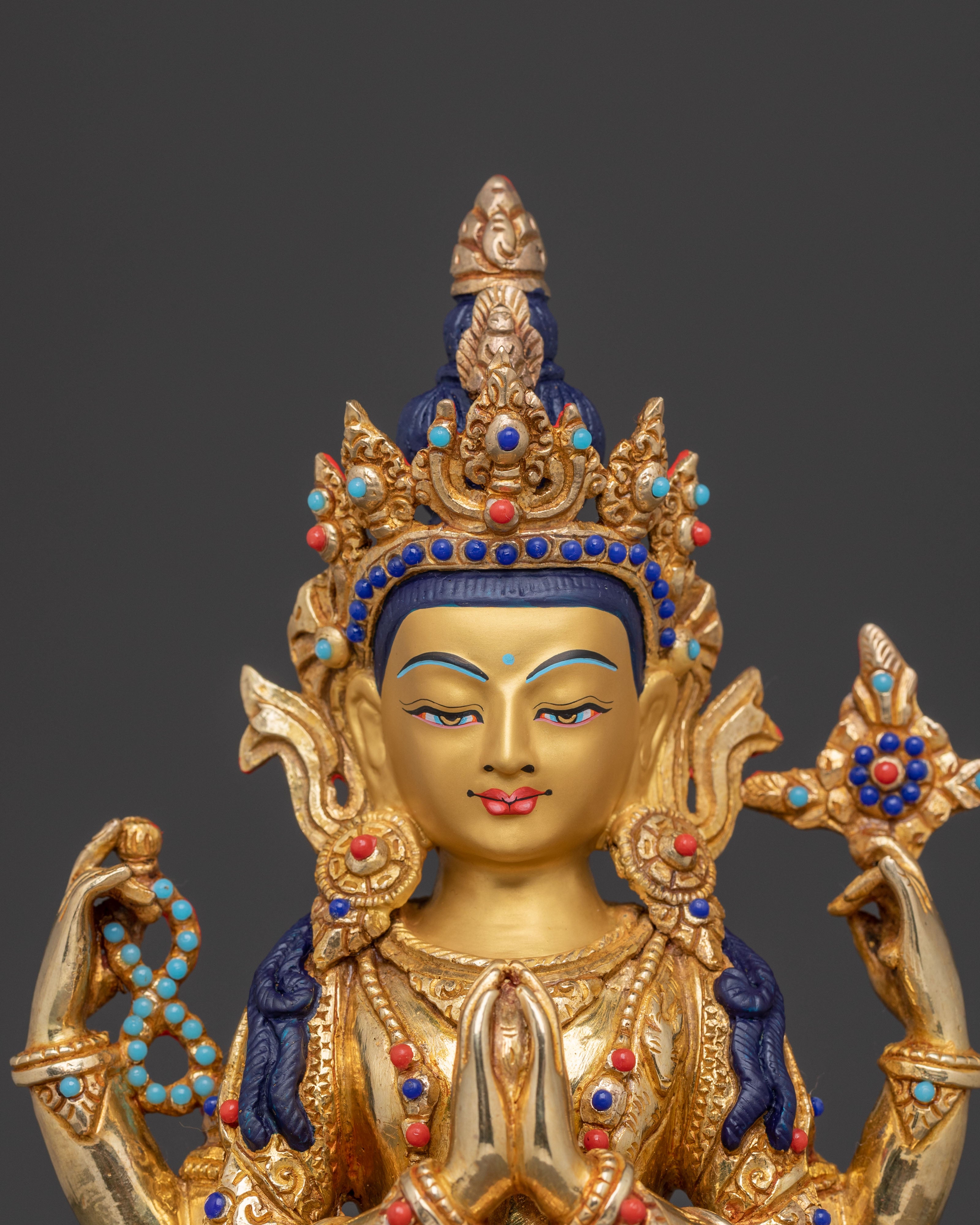 24k Gold Gilded Statue of Chenrezig Bodhisattva - Exquisite Copper Art