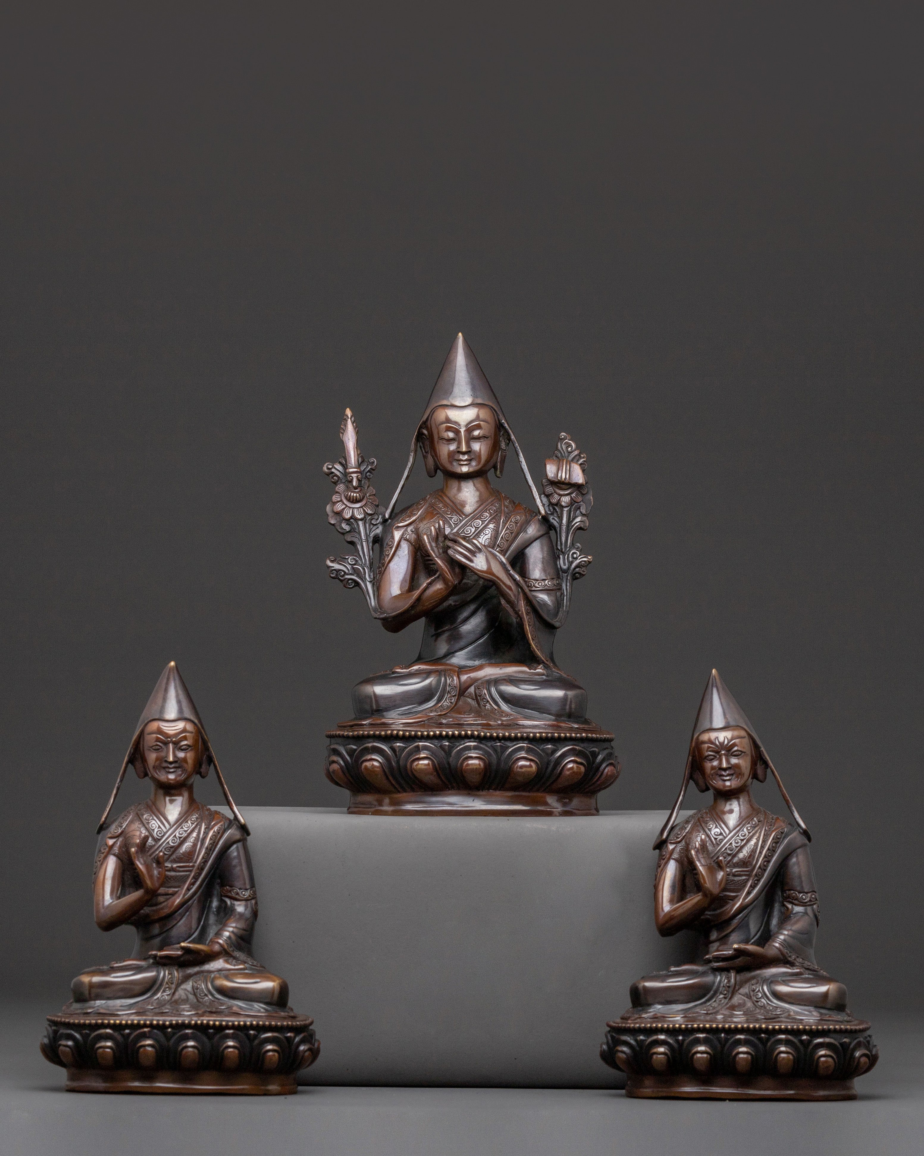 Tsongkhapa with Disciples Oxidized Copper Statue