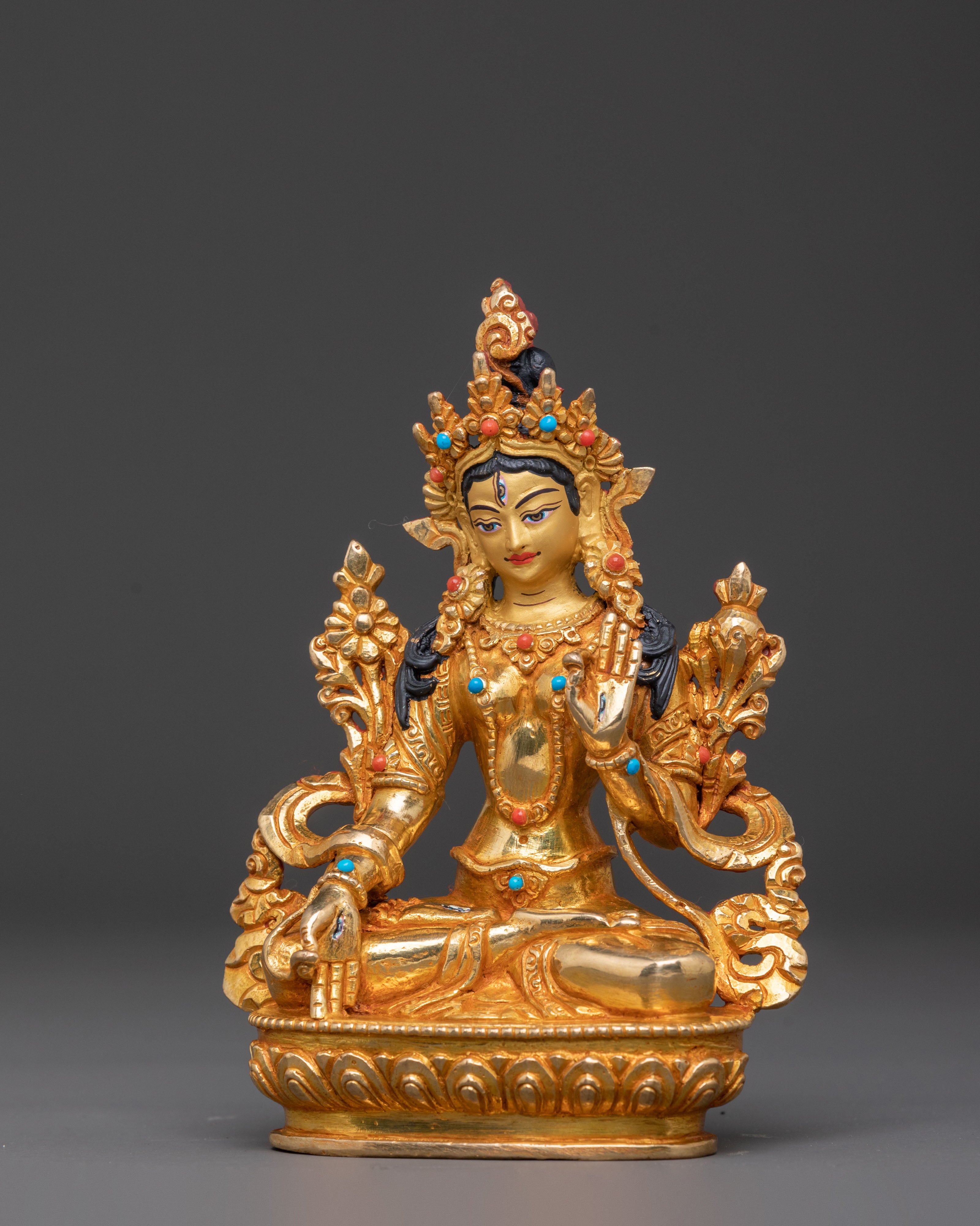White Tara Traditional Statue – Gilded Copper & Gemstone Art