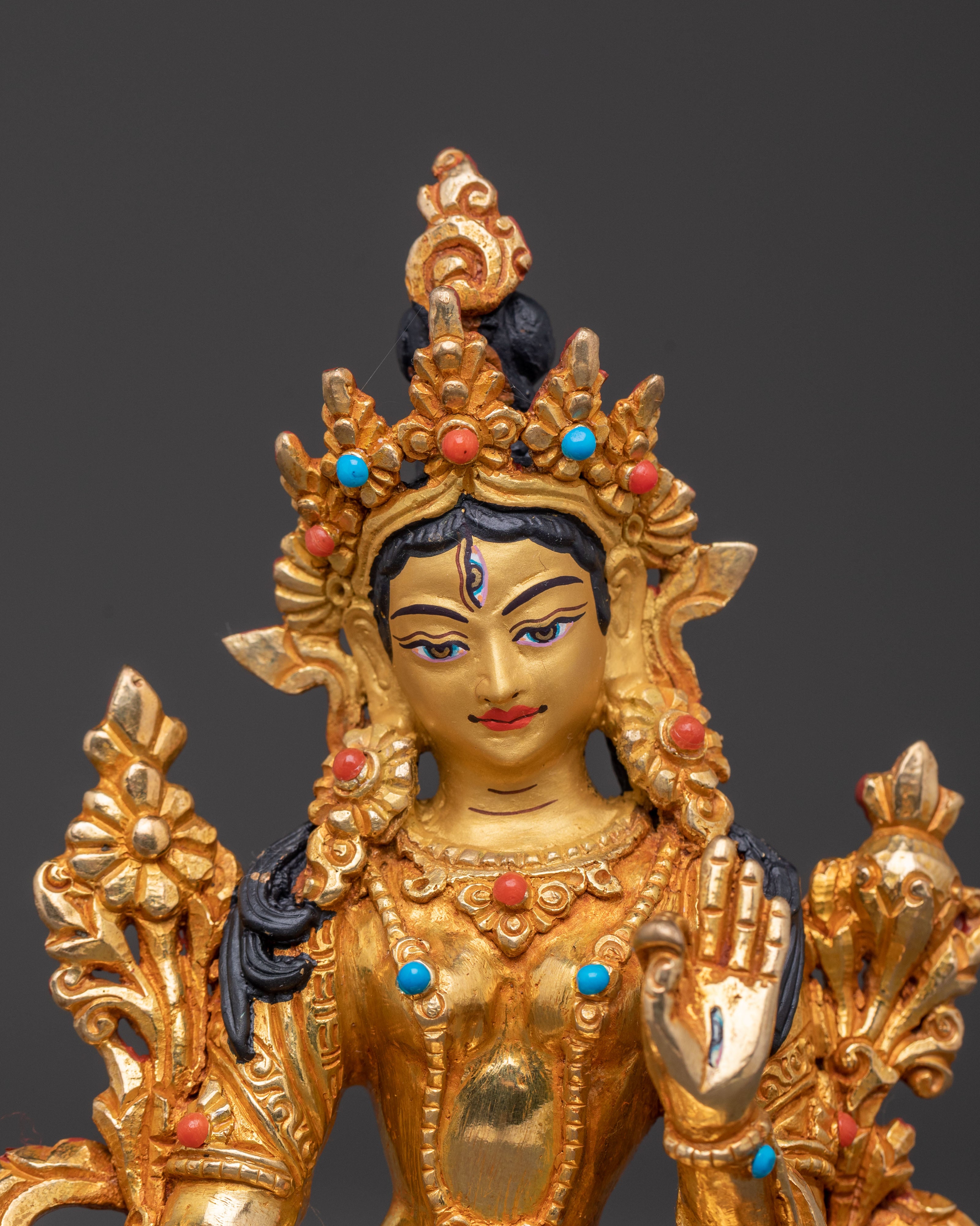 White Tara Traditional Statue – Gilded Copper & Gemstone Art
