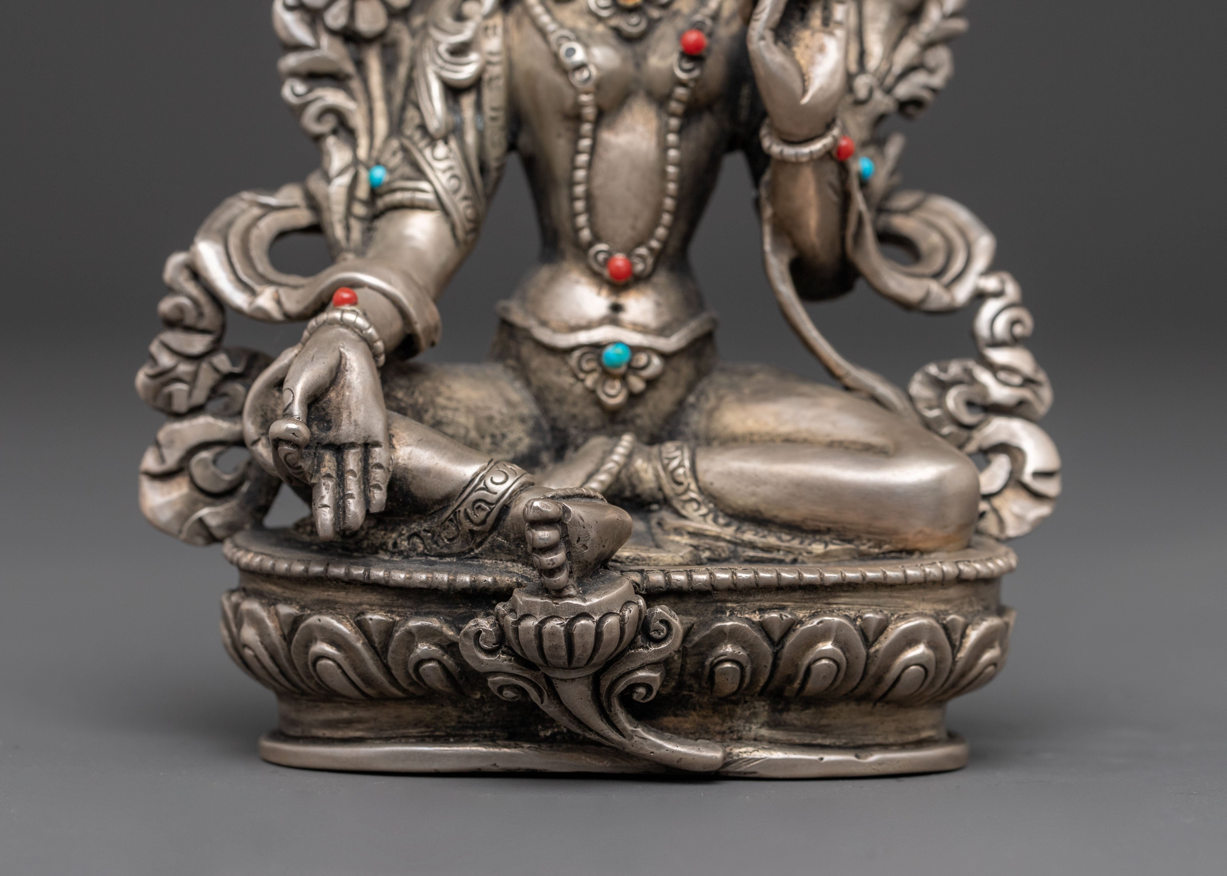 Handmade Silver Statue of Green Tara | Goddess of Compassion and Protection