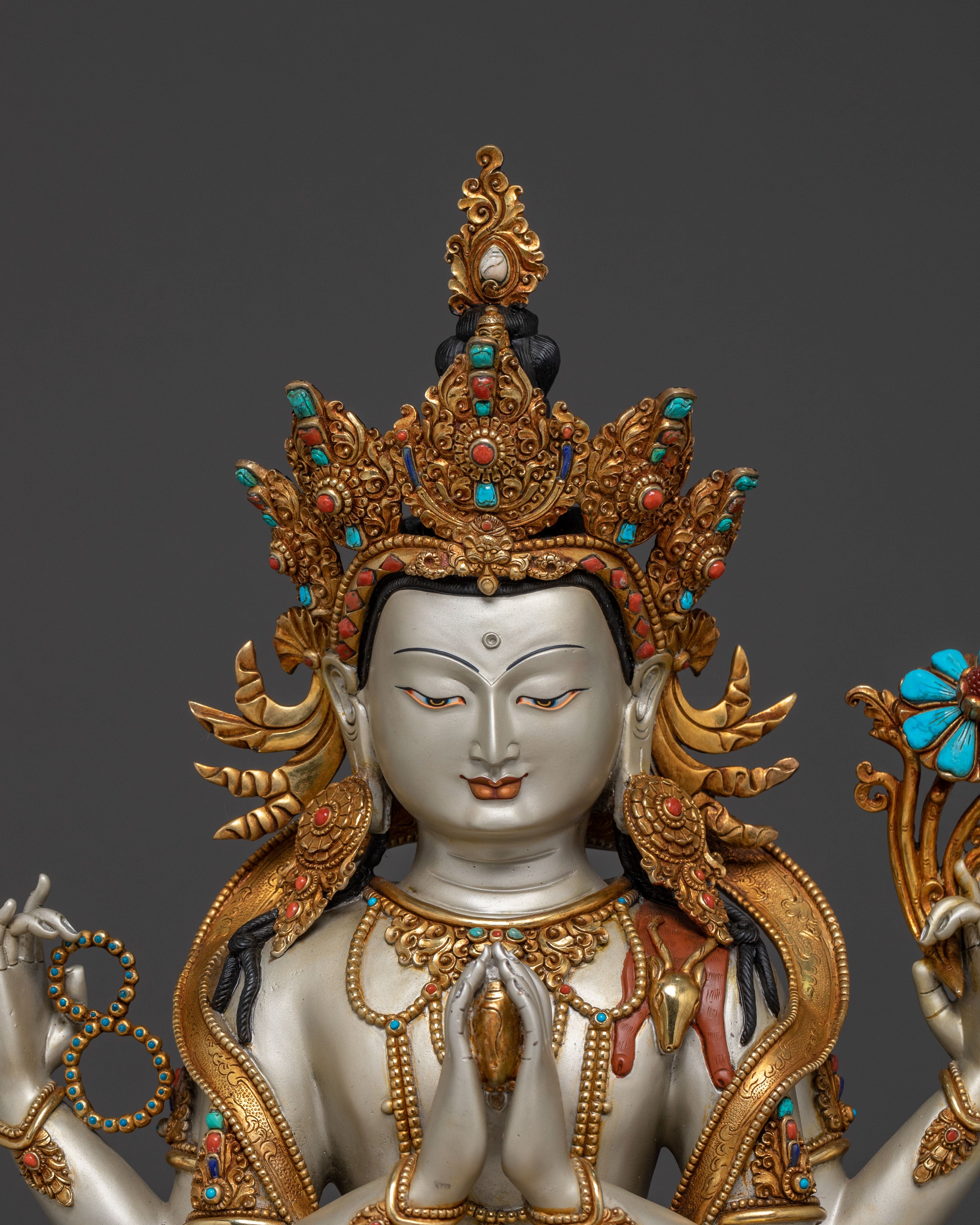 Majestic Chenrezig on Throne Statue with 24k Gold Glided and Gemstones Inlays