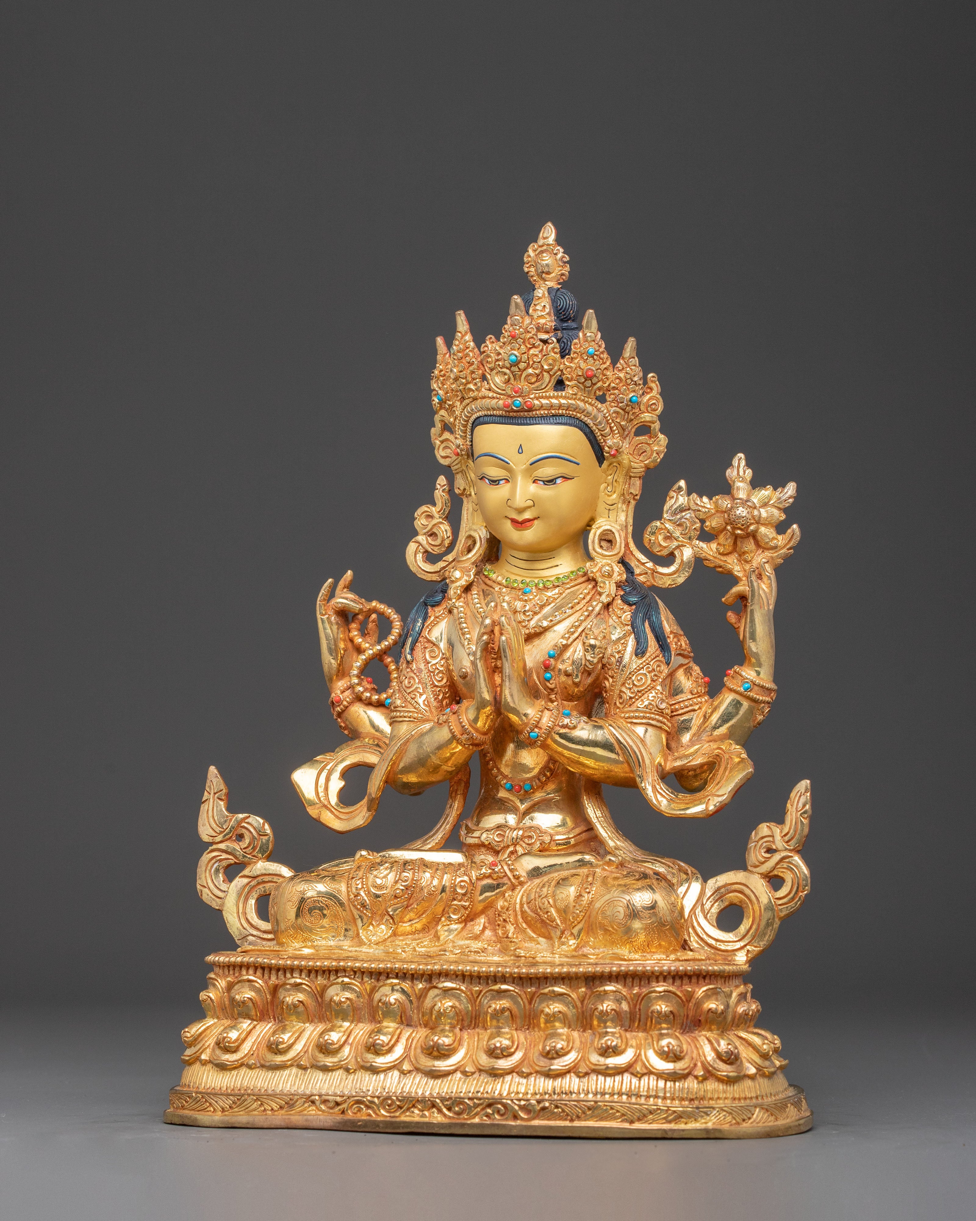 24K Gold Gilded Chenrezig Handmade Statue | Bodhisattva of Compassion