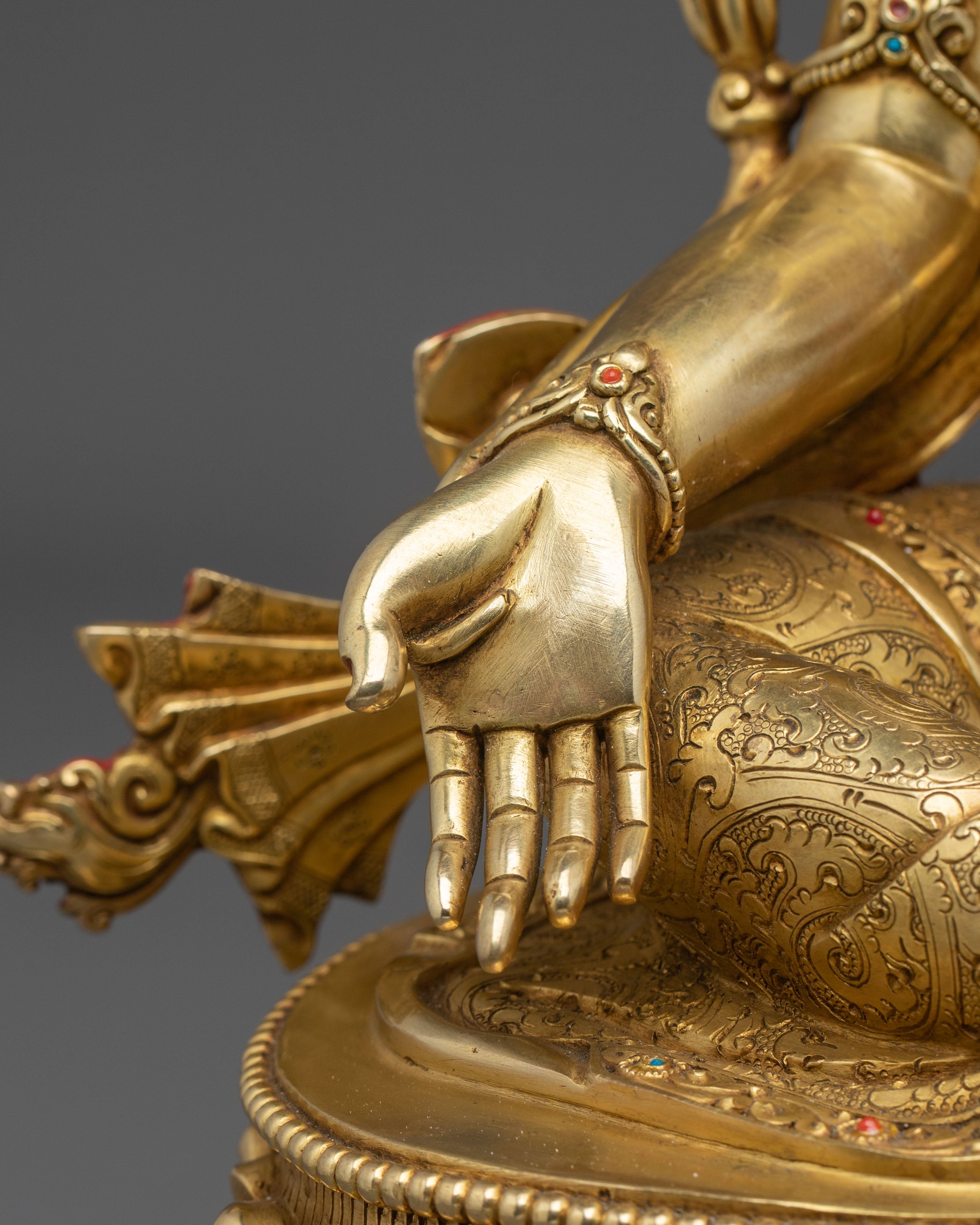 16-Inch Sacred Green Tara 24K Gold Gilded Copper Gemstone Statue