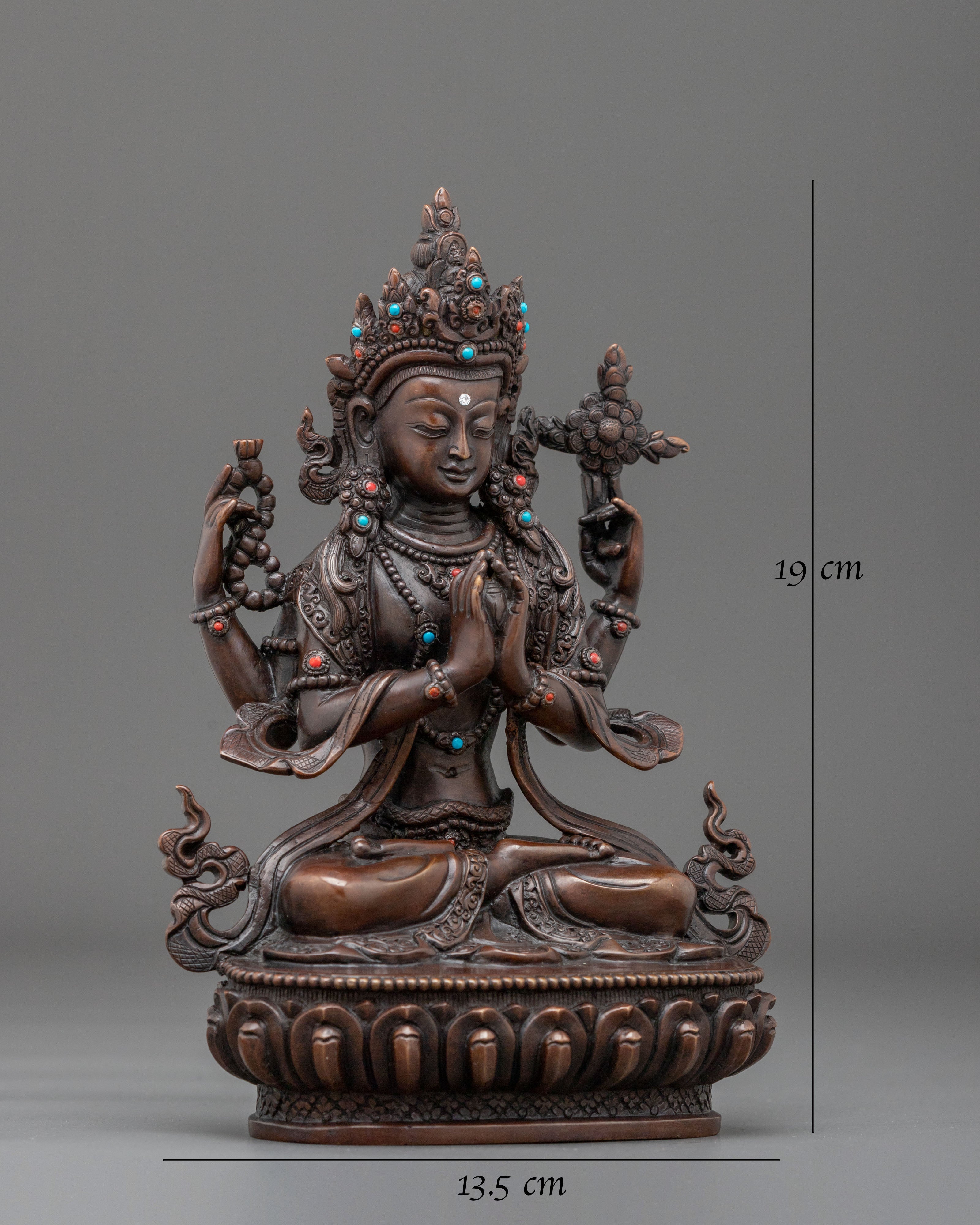 Four-Armed Chenrezig Oxidized Statue | Compassionate Figurine