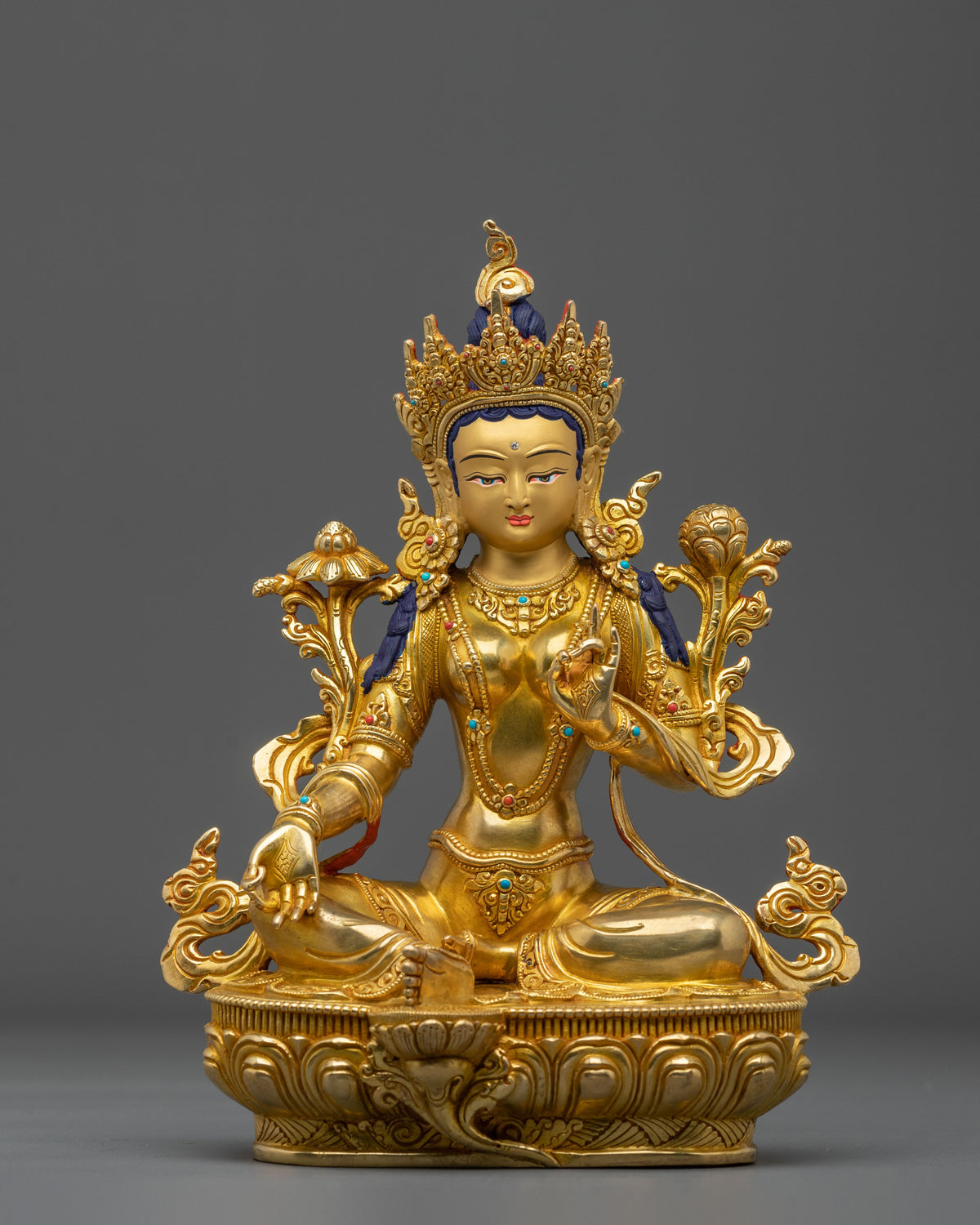 Green Tara Statue: 24K Gold Gilded