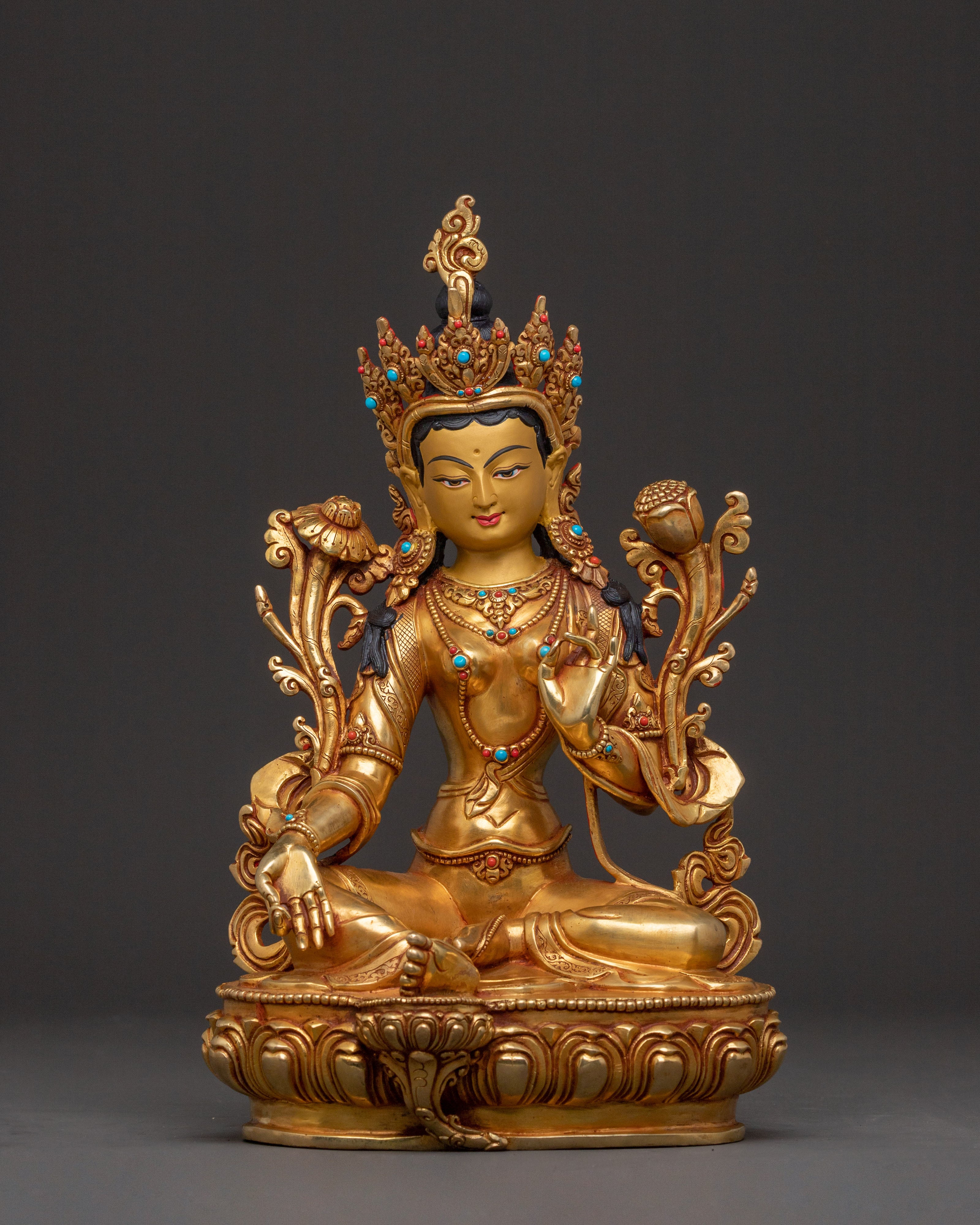 Green Tara Swift Protection Statue - Radiant Hand-Gilded Copper