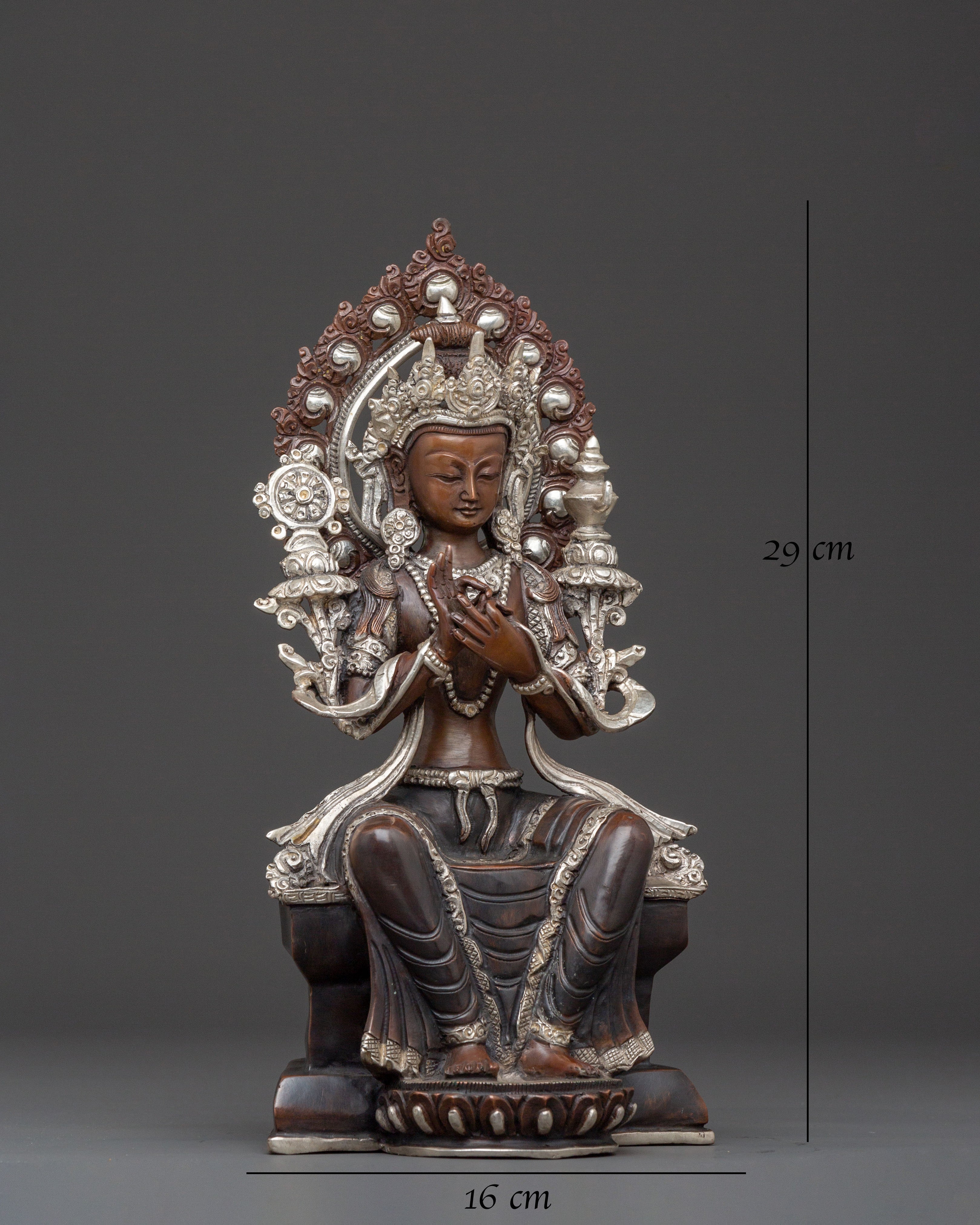 Sacred Maitreya Buddha Copper Statue – Tranquil Silver Finish