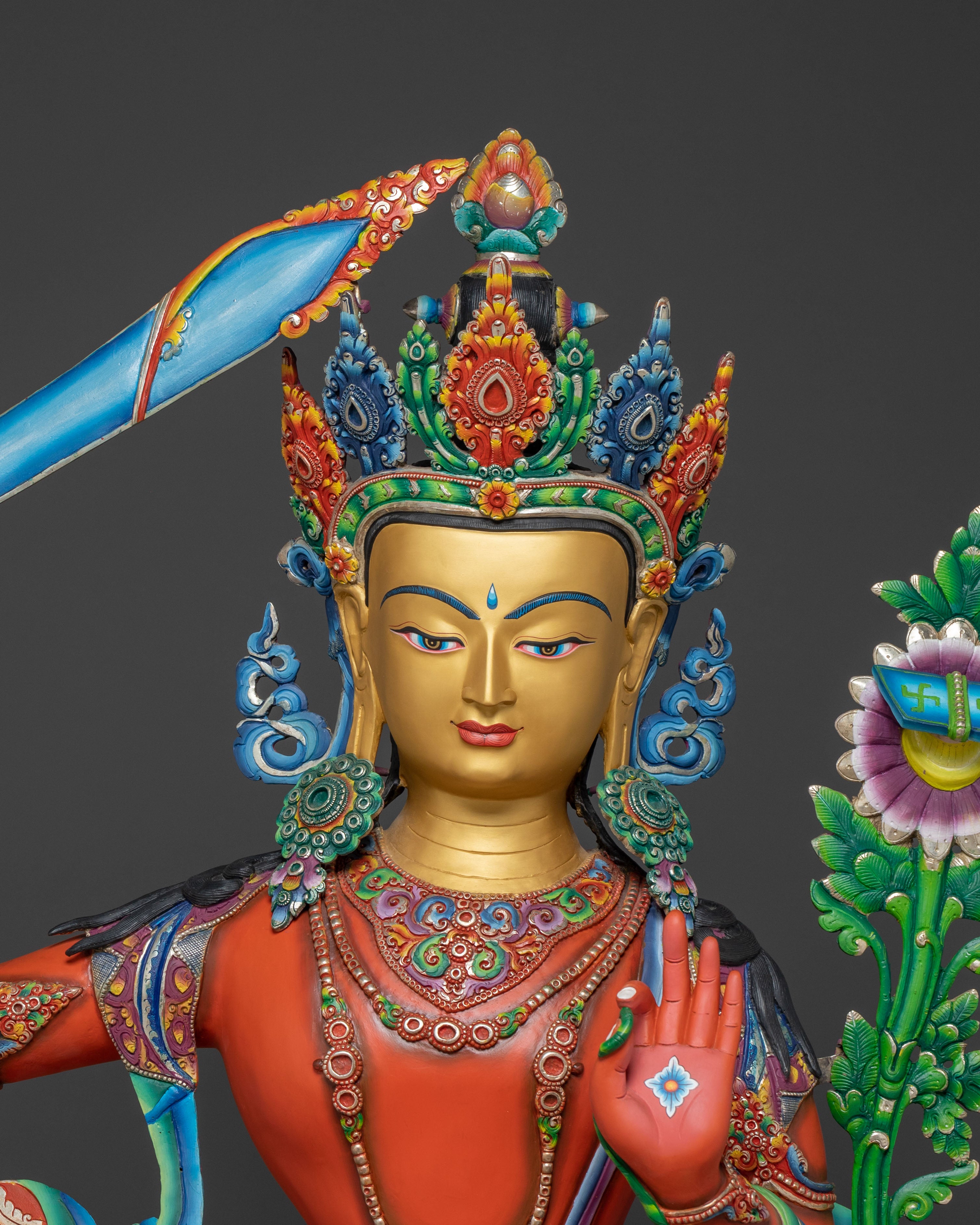 Handcrafted Spiritual Statue of Manjushri – Radiant Gold & Silver