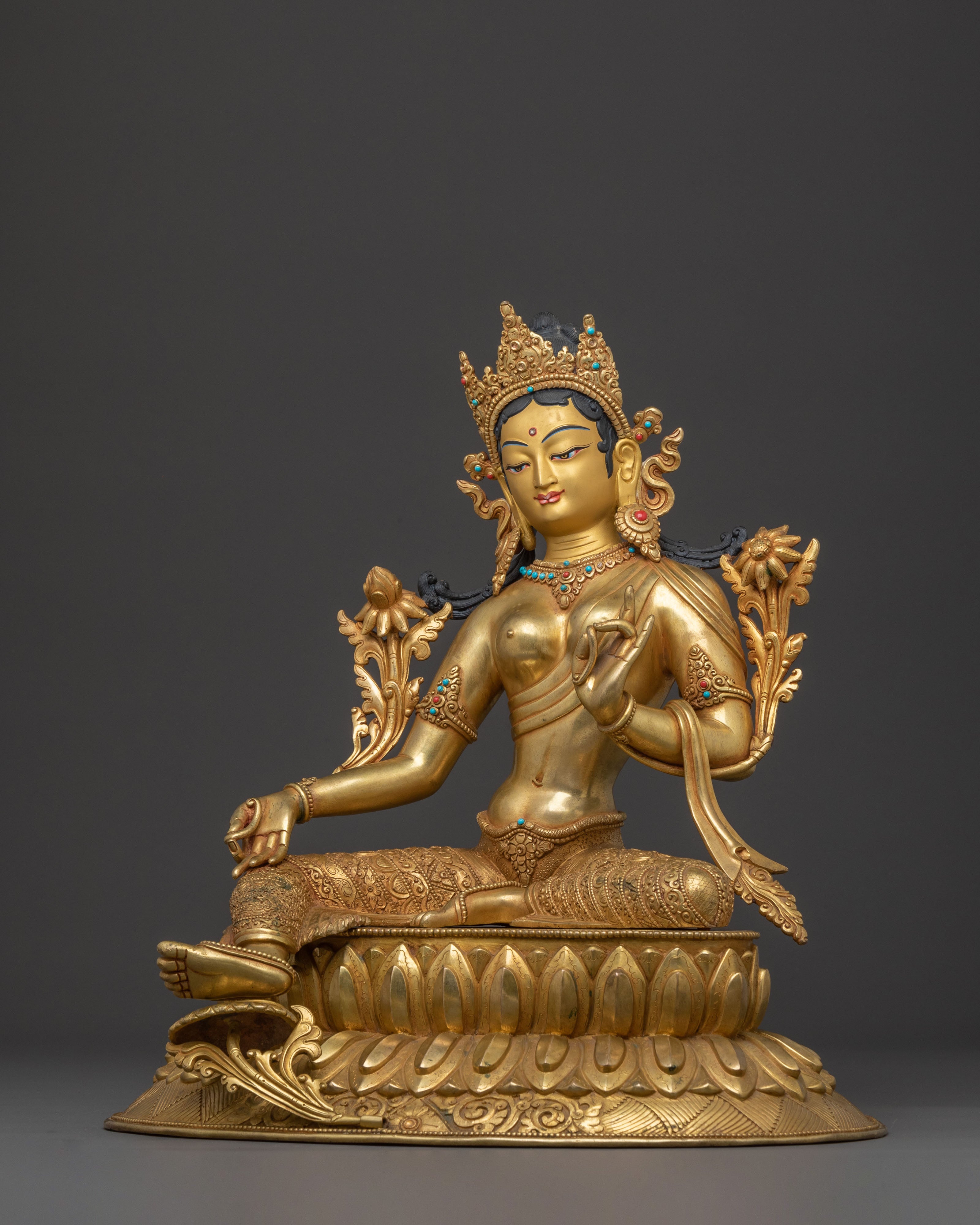 Divine Green Tara Golden Statue | 24k Gold Gilded Copper Figure