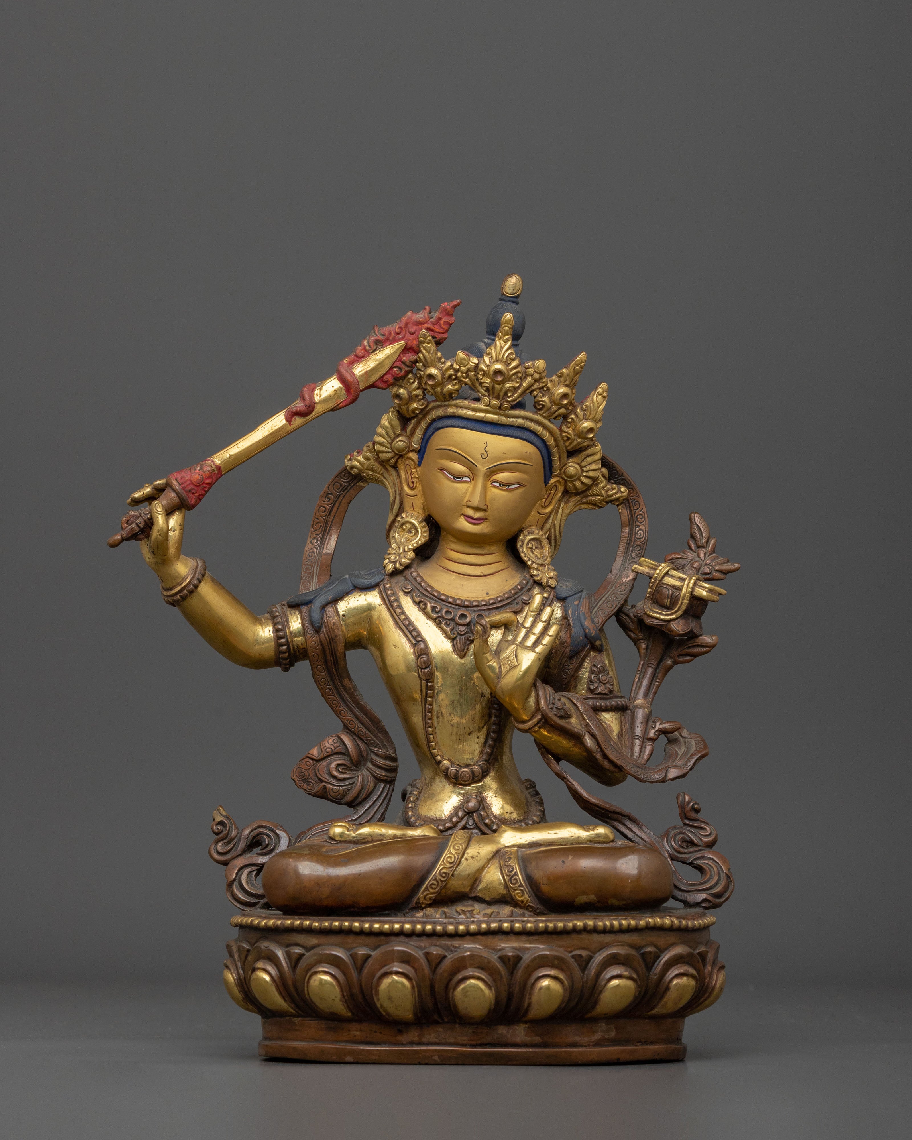 Manjushri Sacred Statue for Altar - 24K Gold Gilded