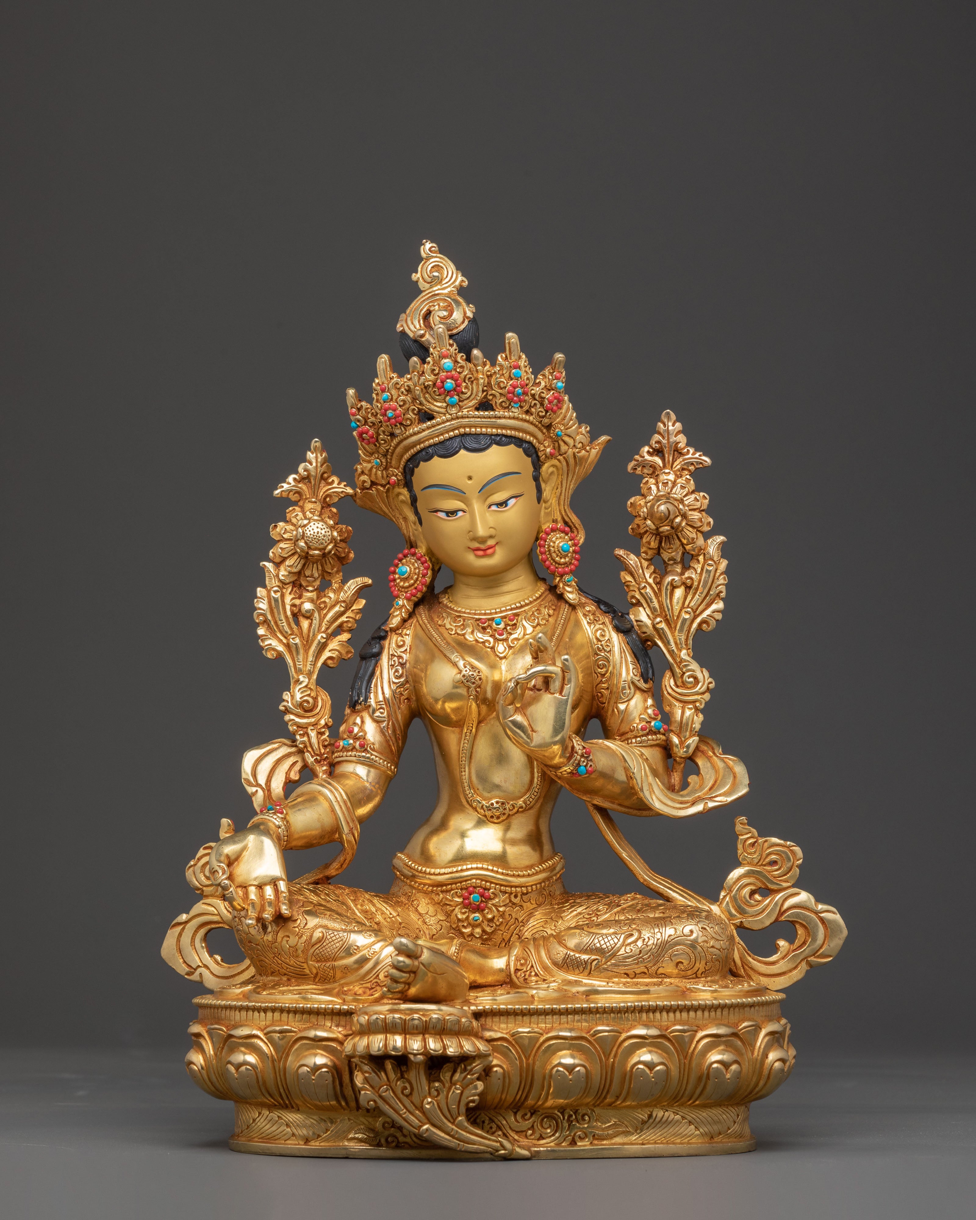 Green Tara Blessing Statue: Handcrafted in 24K Gold