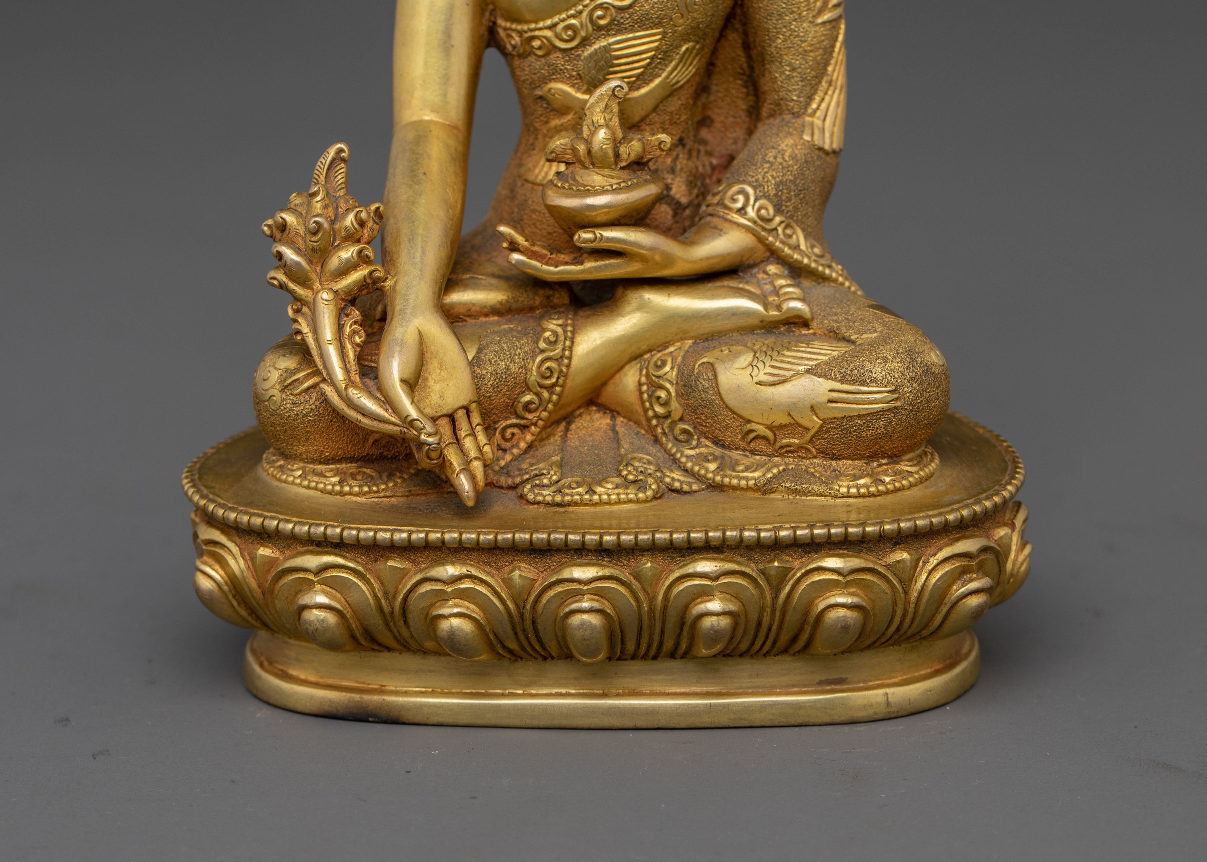 Medicine Buddha Carved Statue – 24K Gold Gilded