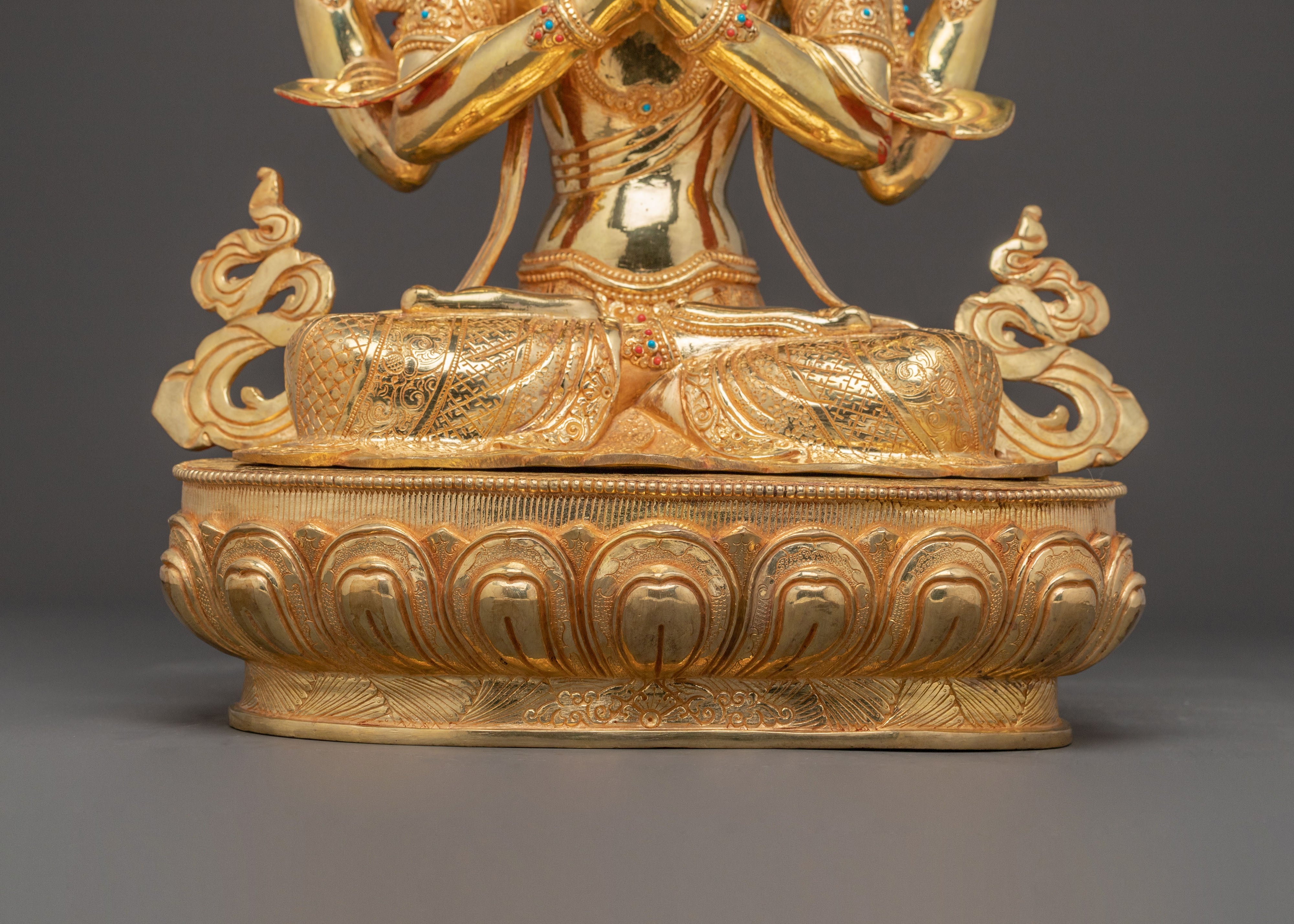 Chenrezig Mercy Bodhisattva Statue – Gilded Copper & Gemstone Art