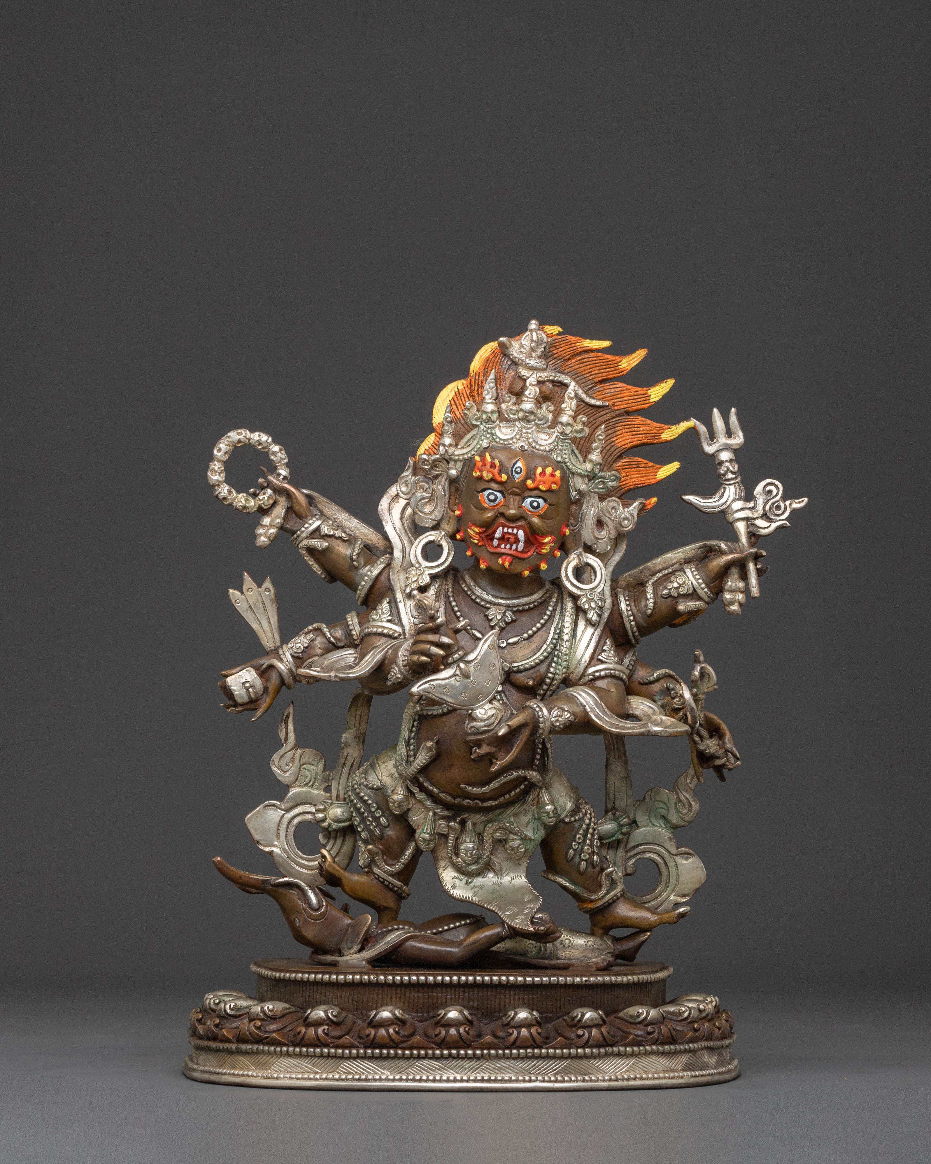 Six Armed Mahakala Statue | Oxidized Copper Protector