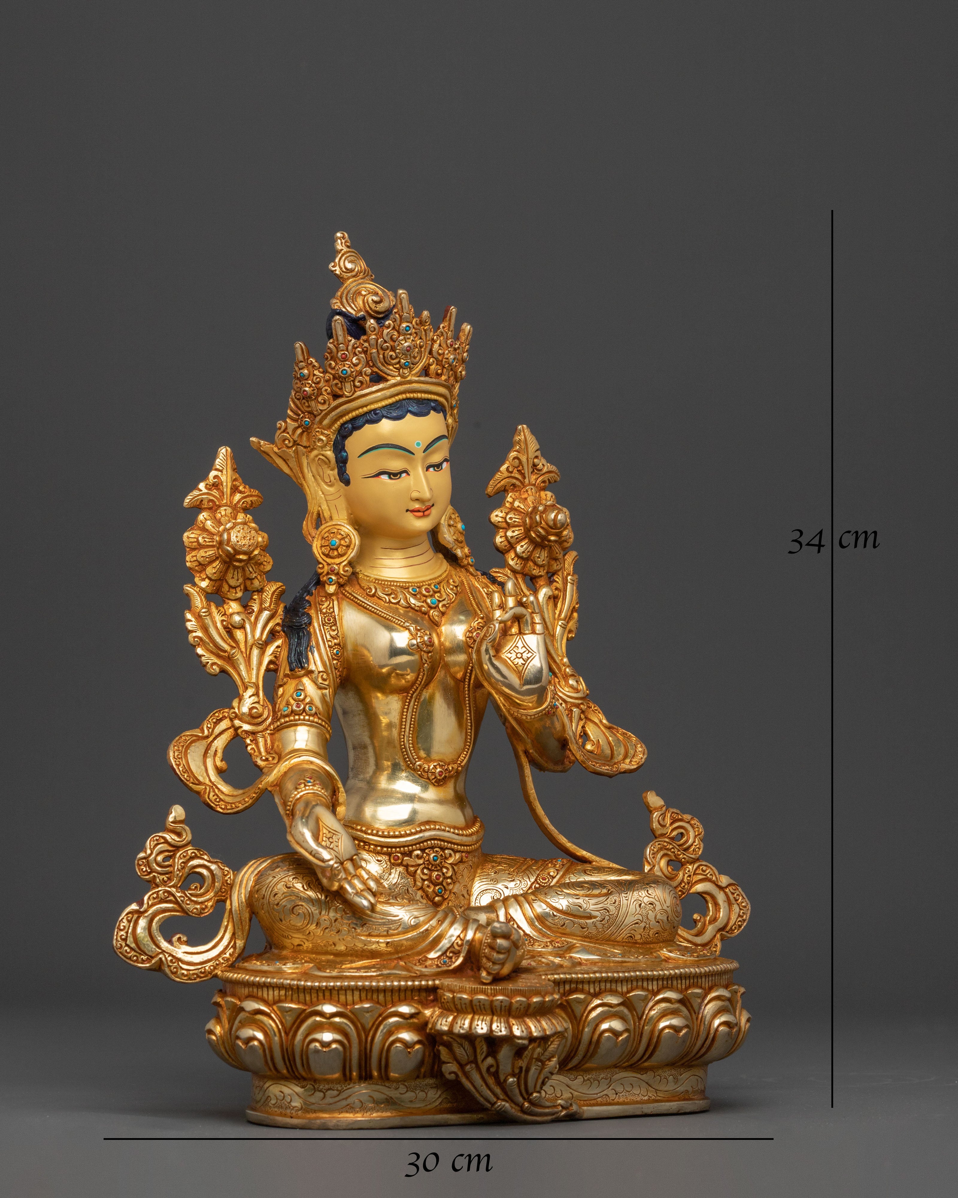 Green Tara Statue: 24K Gold Gilded Buddhist Protector