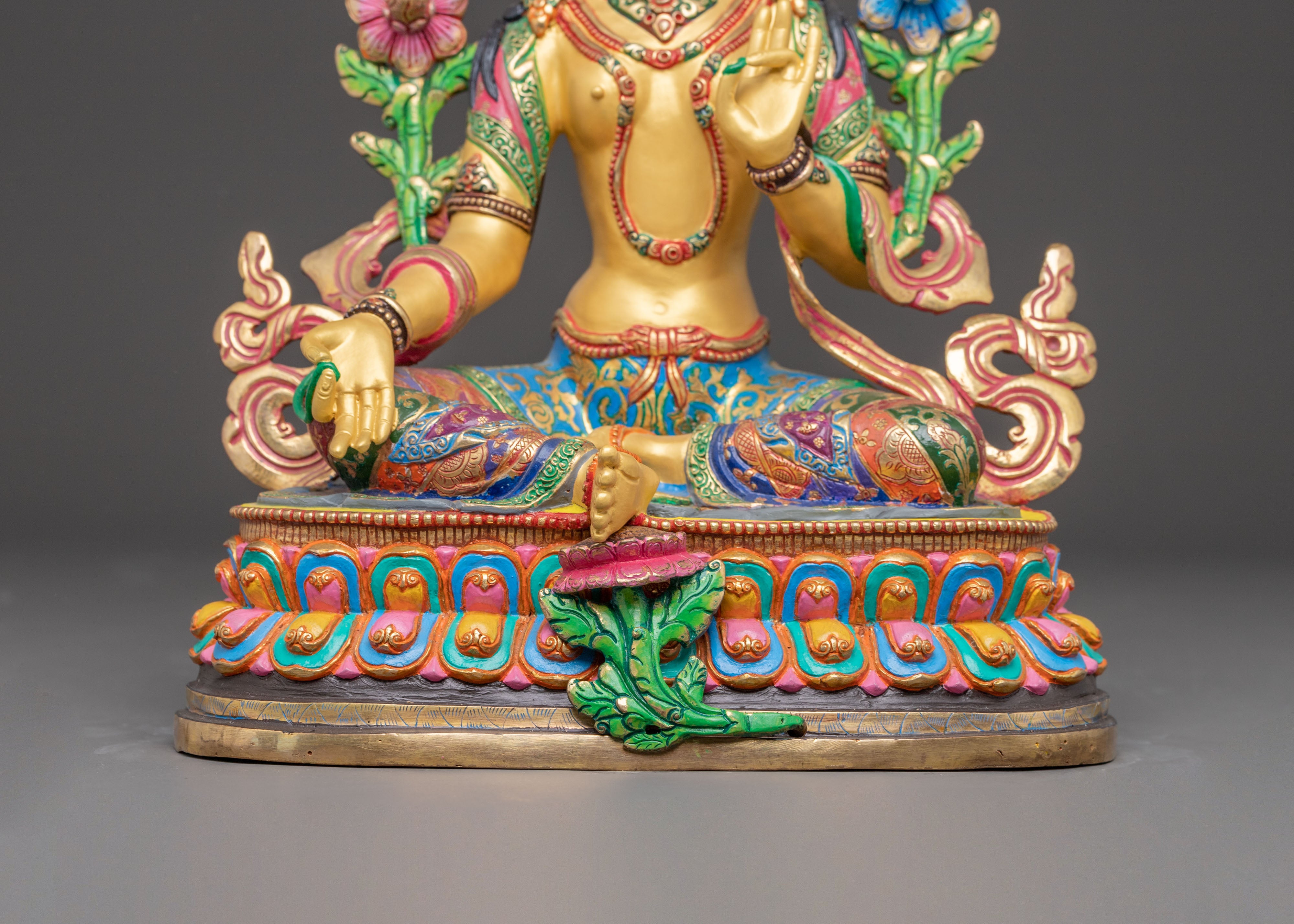 Vibrant Mother Green Tara Statue | 24K Gold Gilded Sculpture