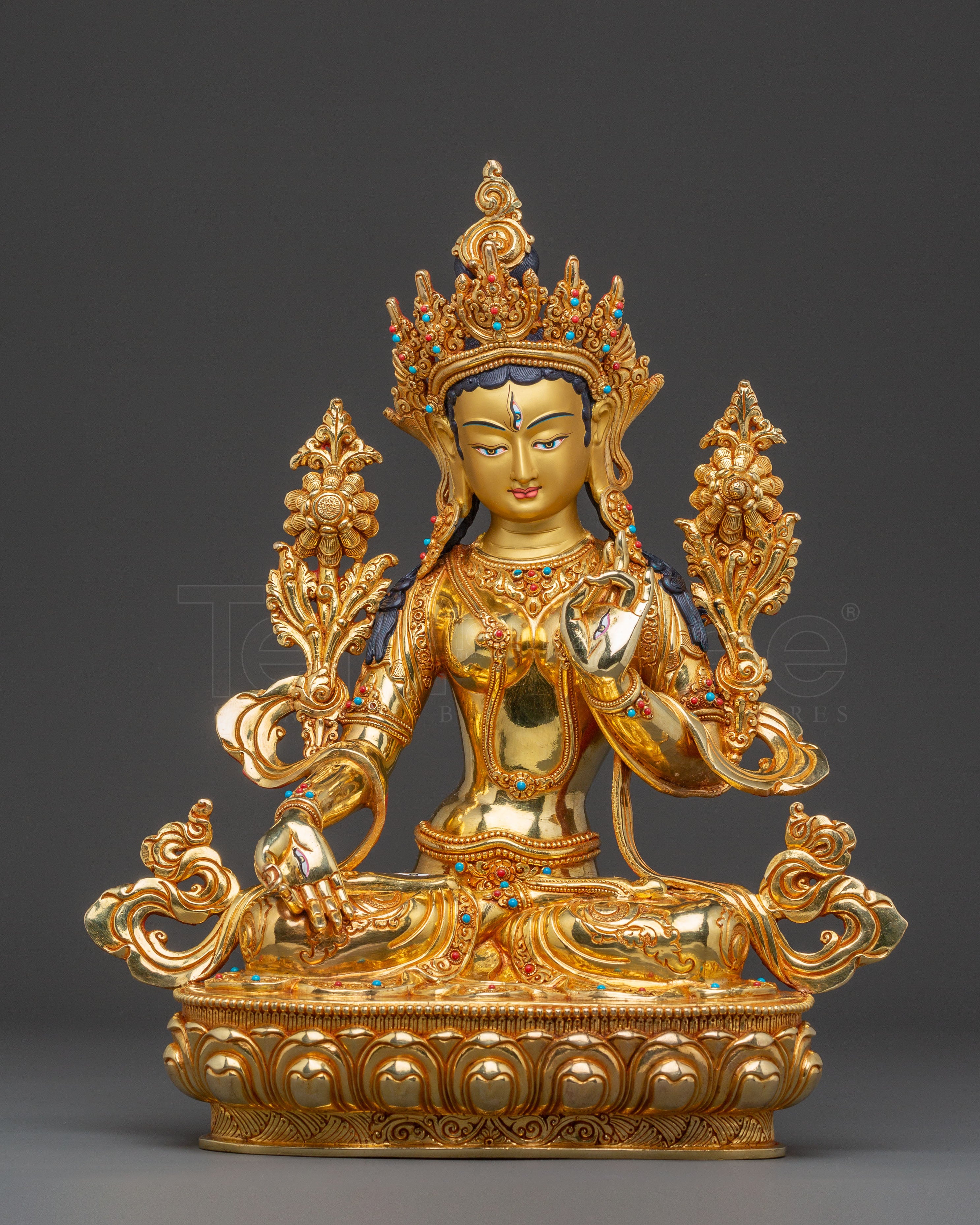 Handcrafted White Tara Spiritual Statue: 24K Gold Gilded Masterpiece