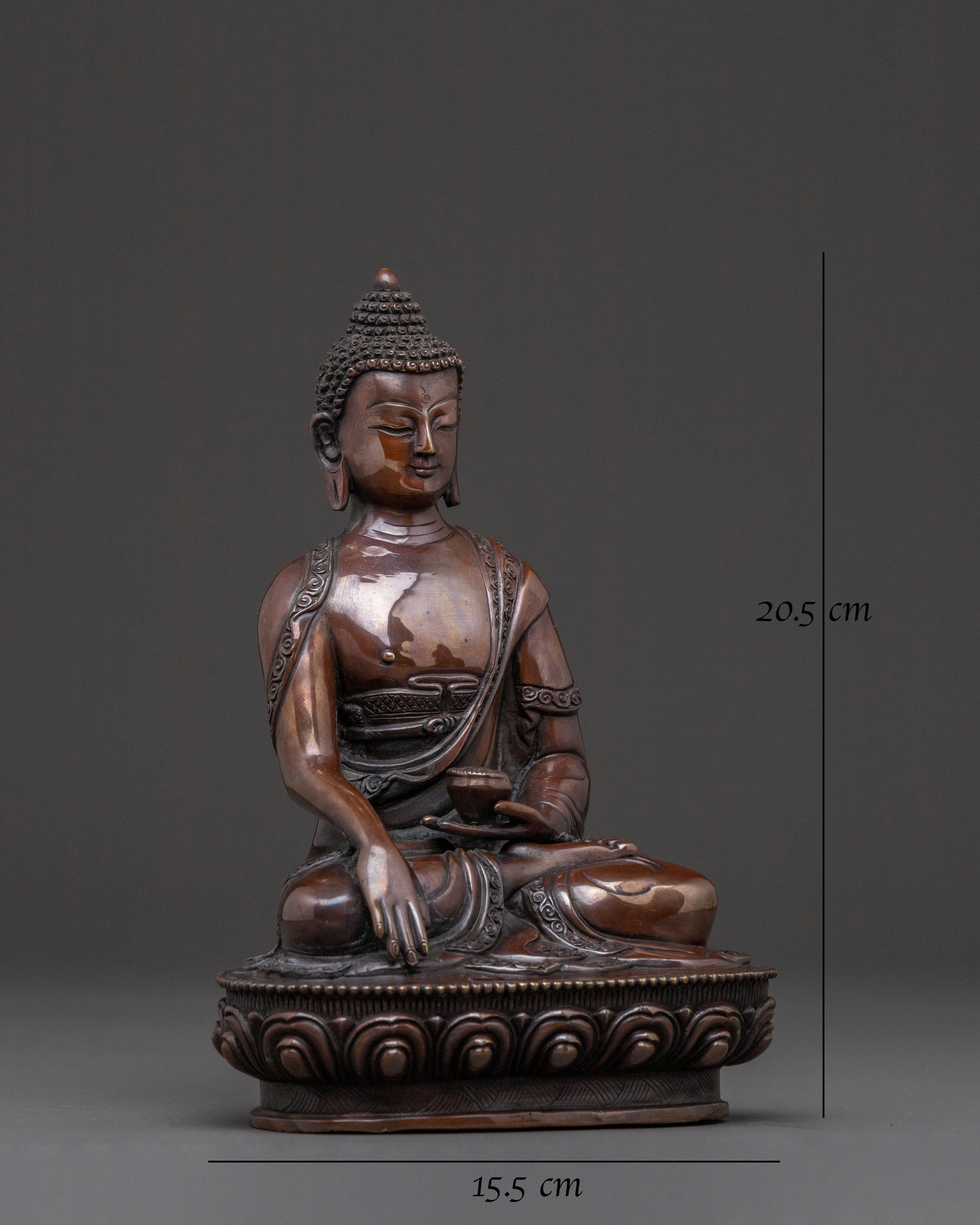 A Serene Oxidized Copper Statue of the Historical Shakyamuni Buddha