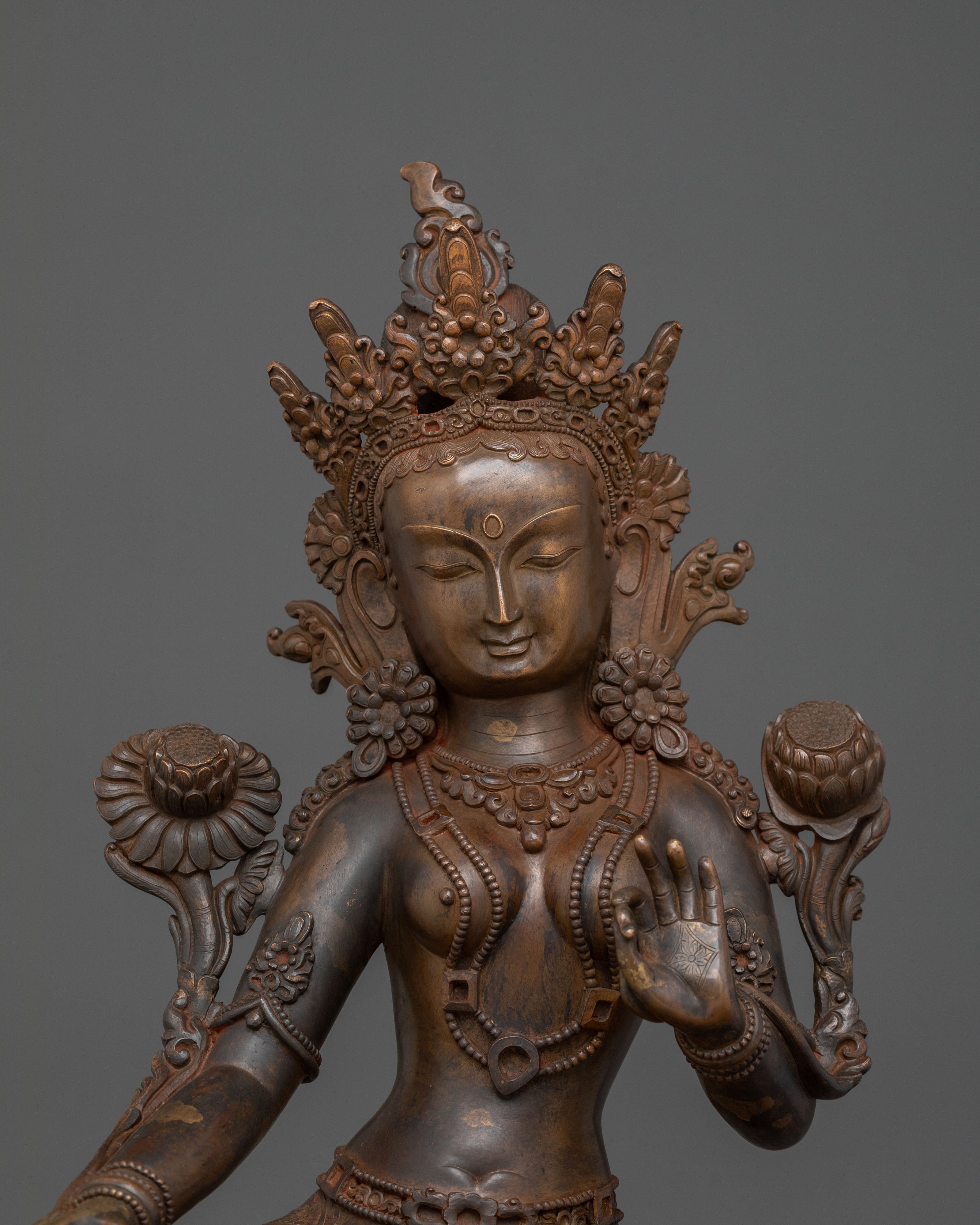 Green Tara Statue On Throne | Goddess of Protection
