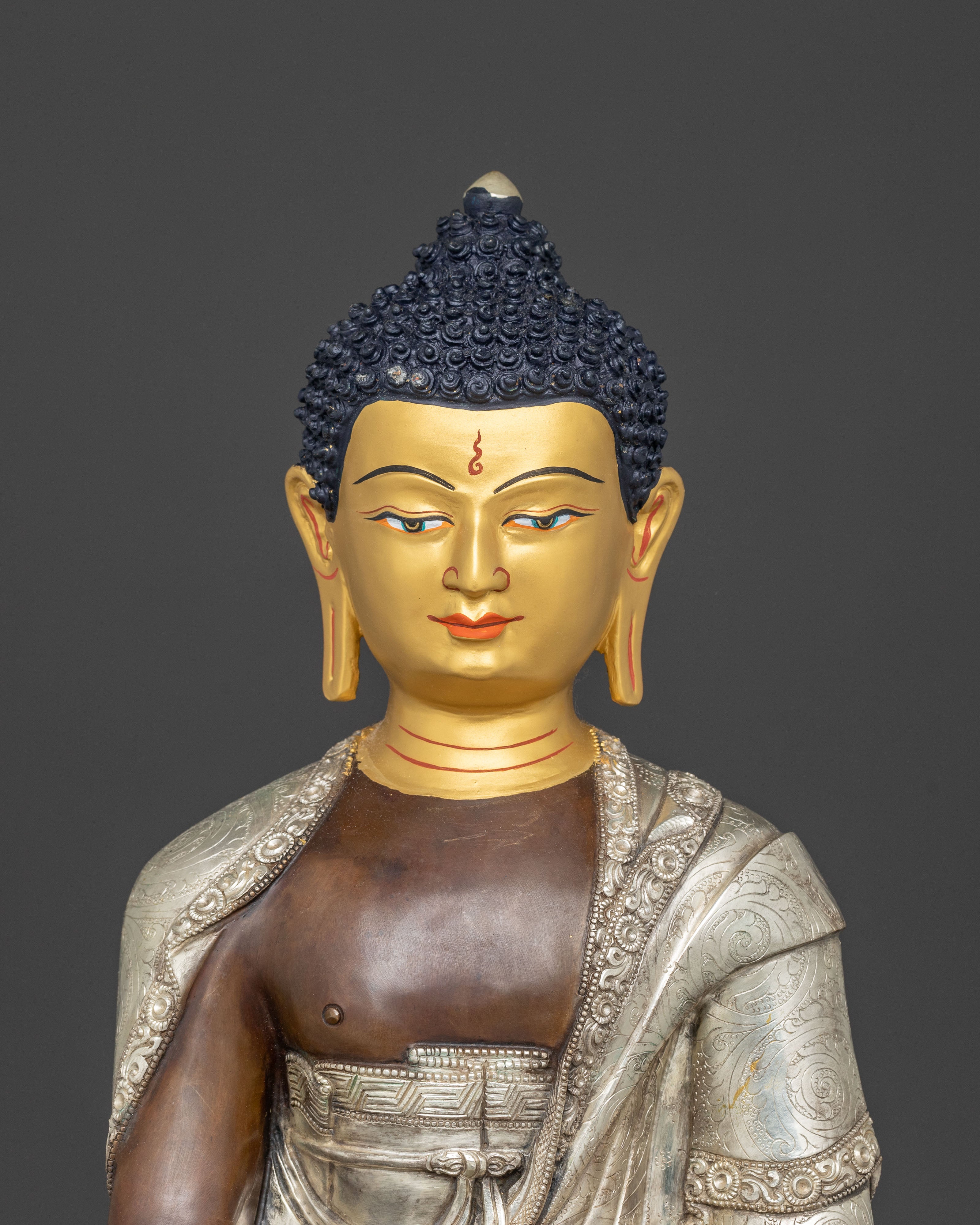Silver-Plated Shakyamuni Buddha Copper Statue | A Sacred Vision of Enlightenment