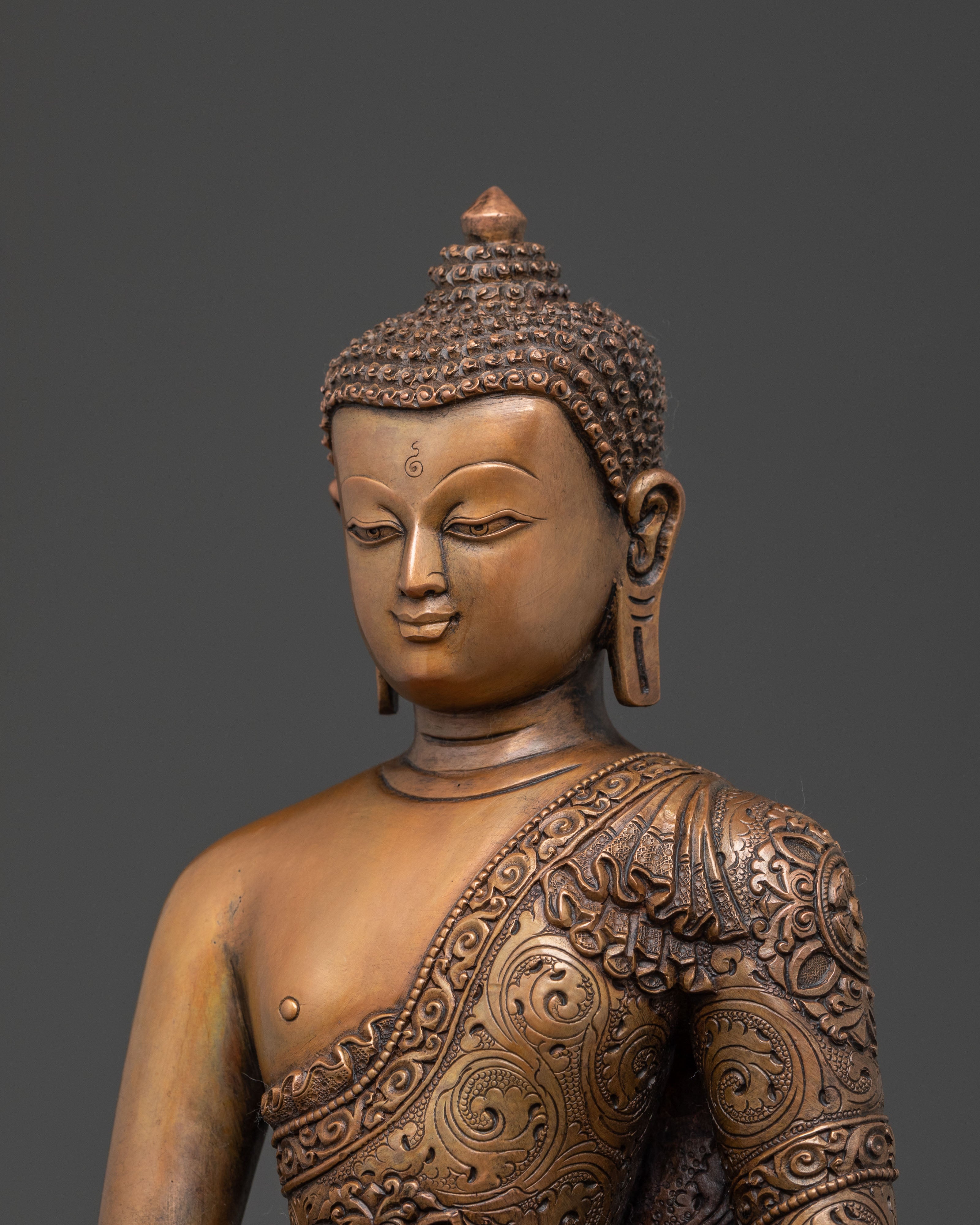 Handcrafted Copper Shakyamuni Buddha Statue - Artisanal Patina