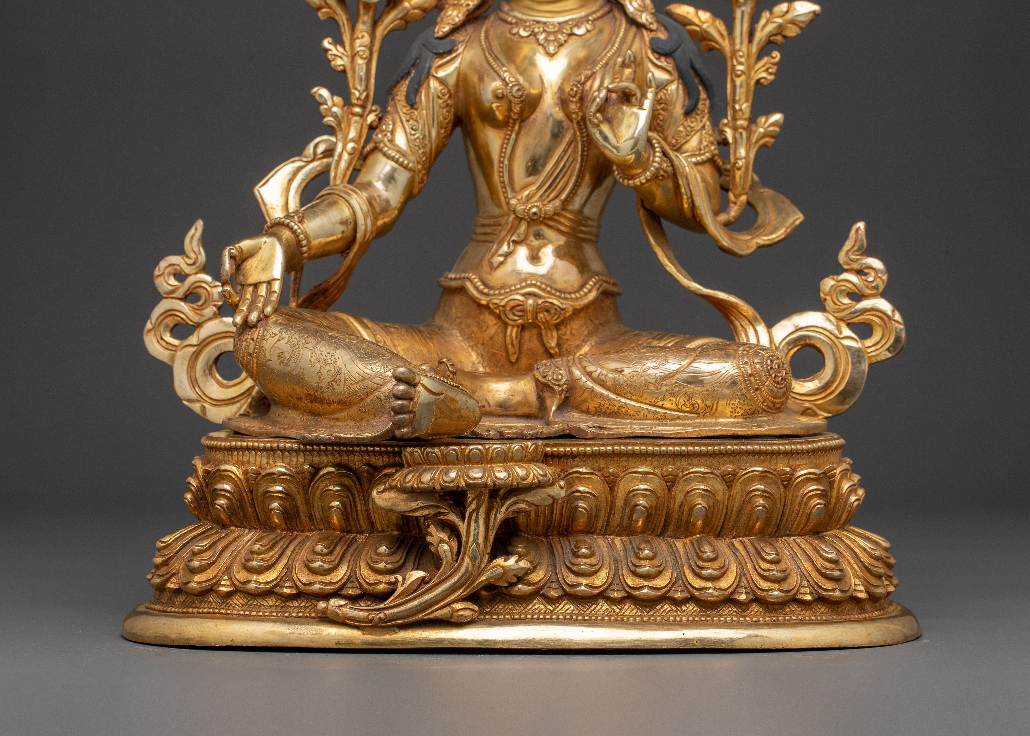 Sacred Compassion Goddess Green Tara Statue – 24K Gilded Radiance