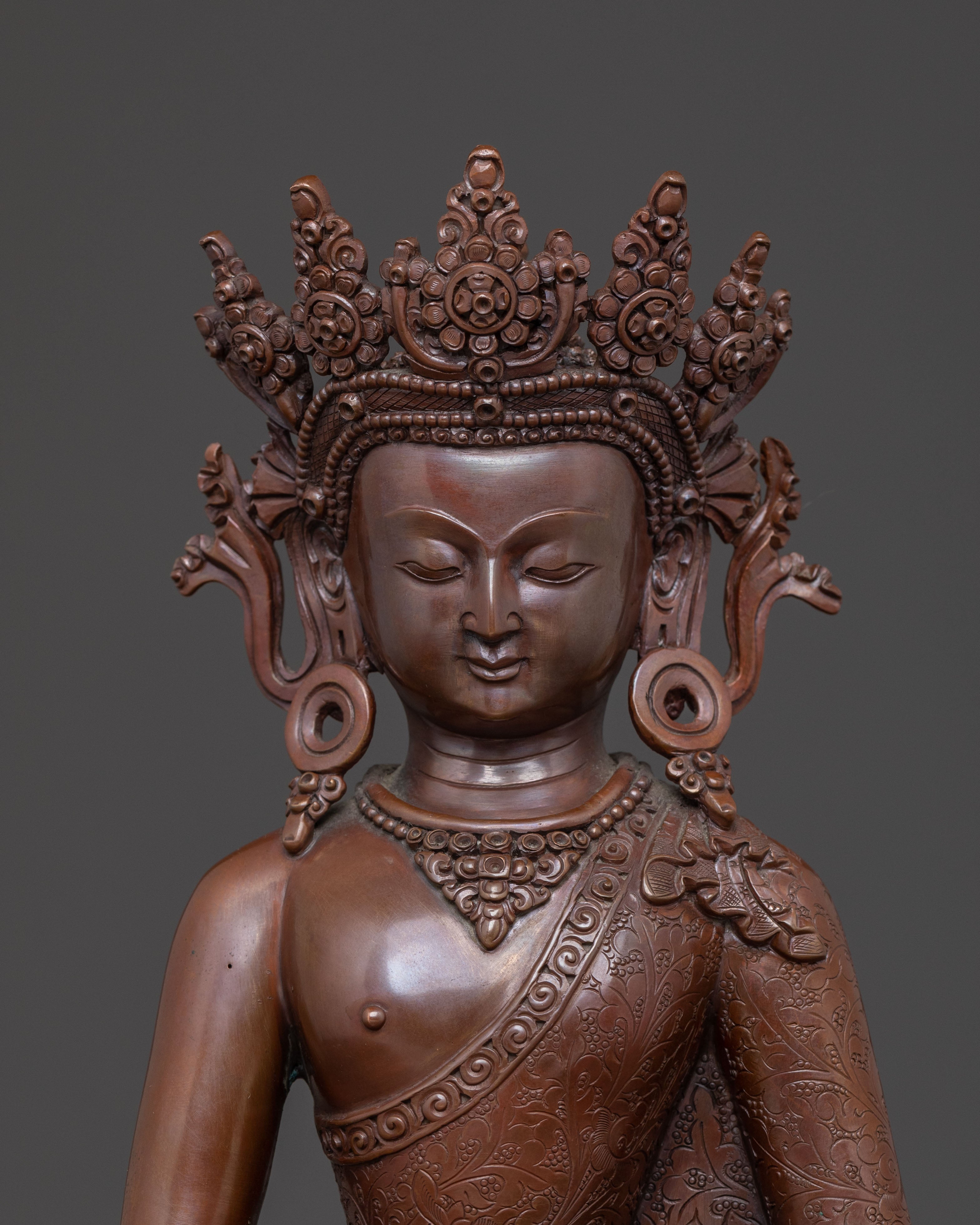 Crown Amitabha Buddha Statue in Oxidized Copper