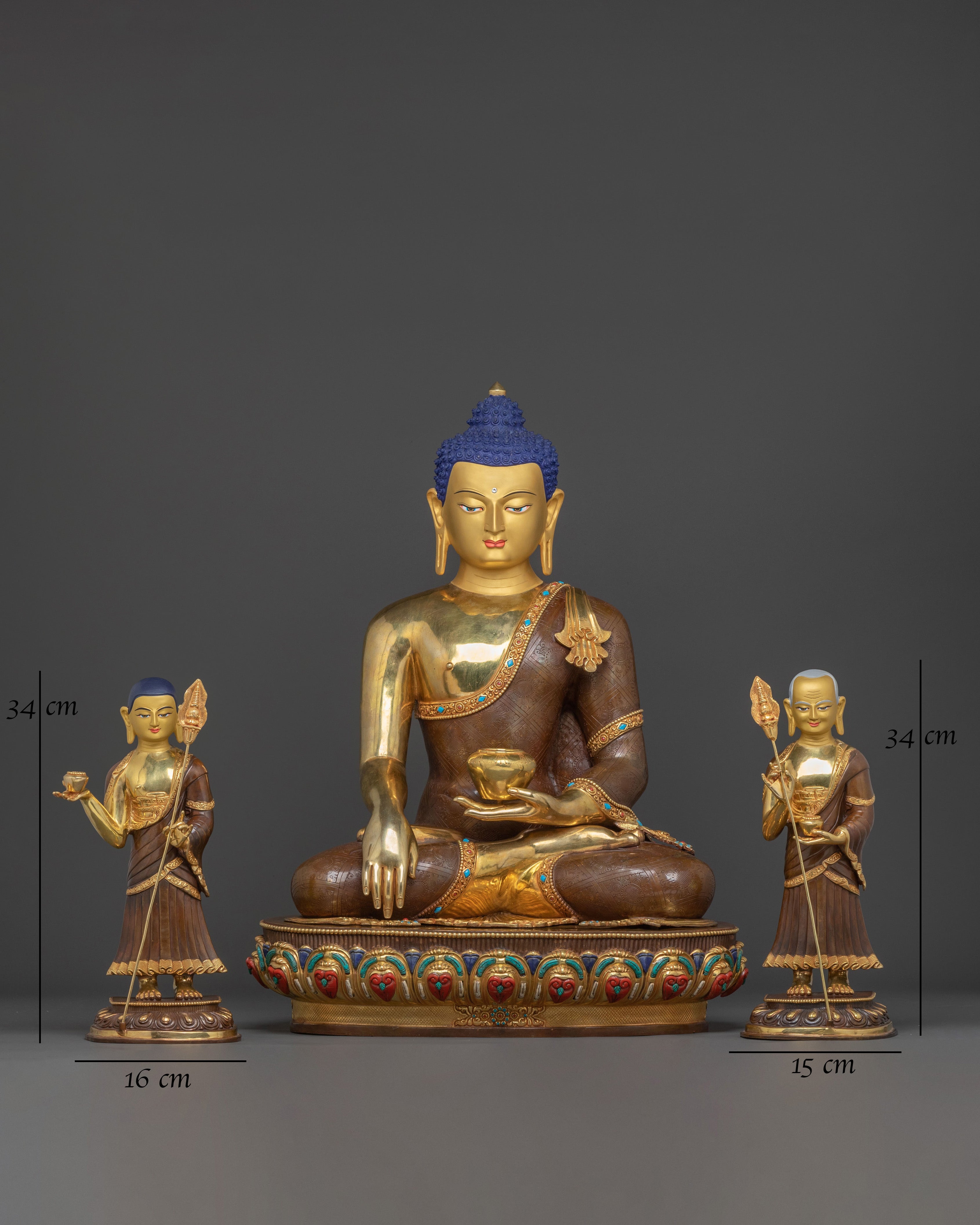 Handcrafted Shakyamuni Buddha Statue with Disciples | 24K Gold Gilded Art