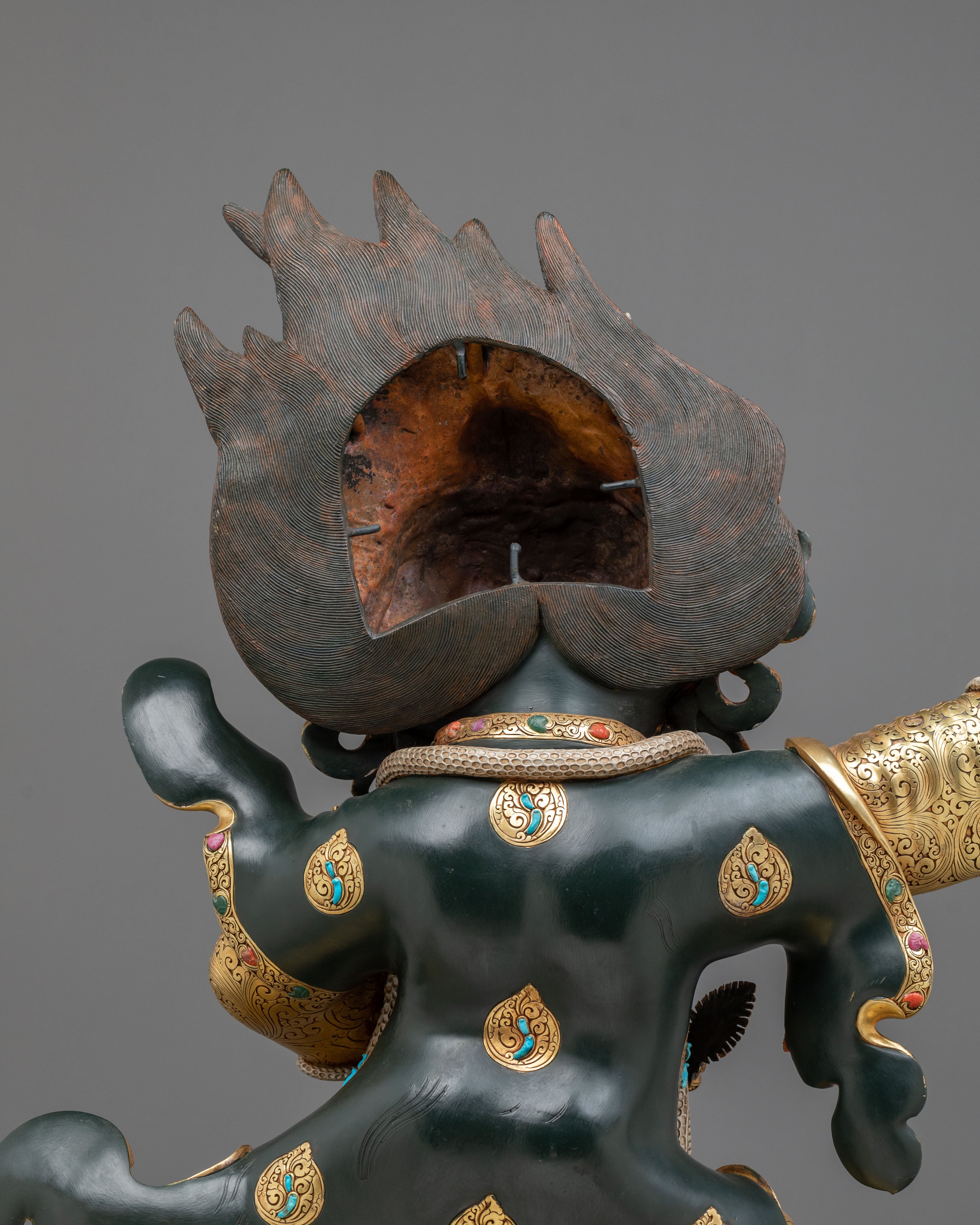 Mahakala Bernakchen Sacred Tibetan Sculpture | Gemstone-Adorned Copper Statue