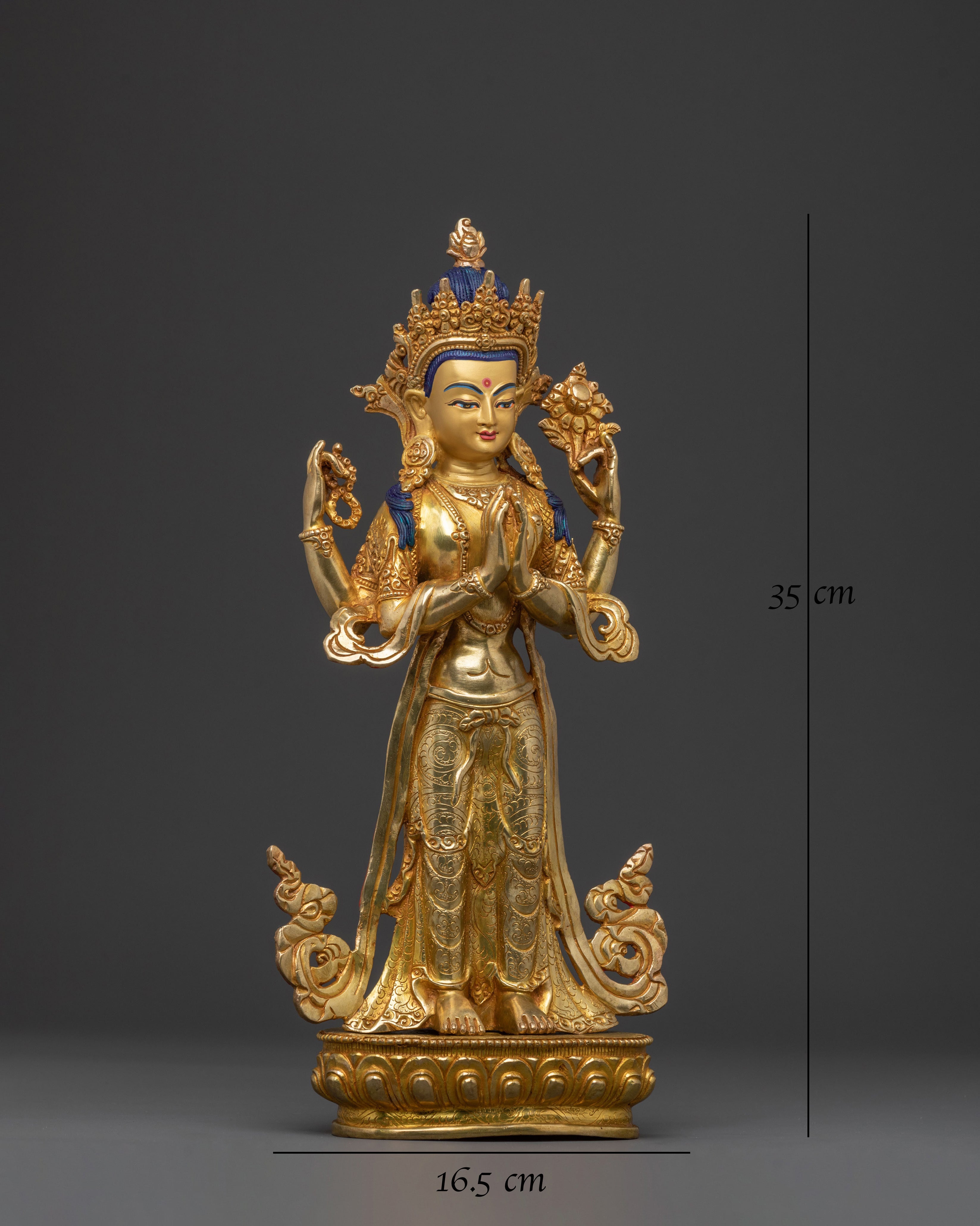 Golden Standing Chenrezig Statue – Handcrafted Serenity