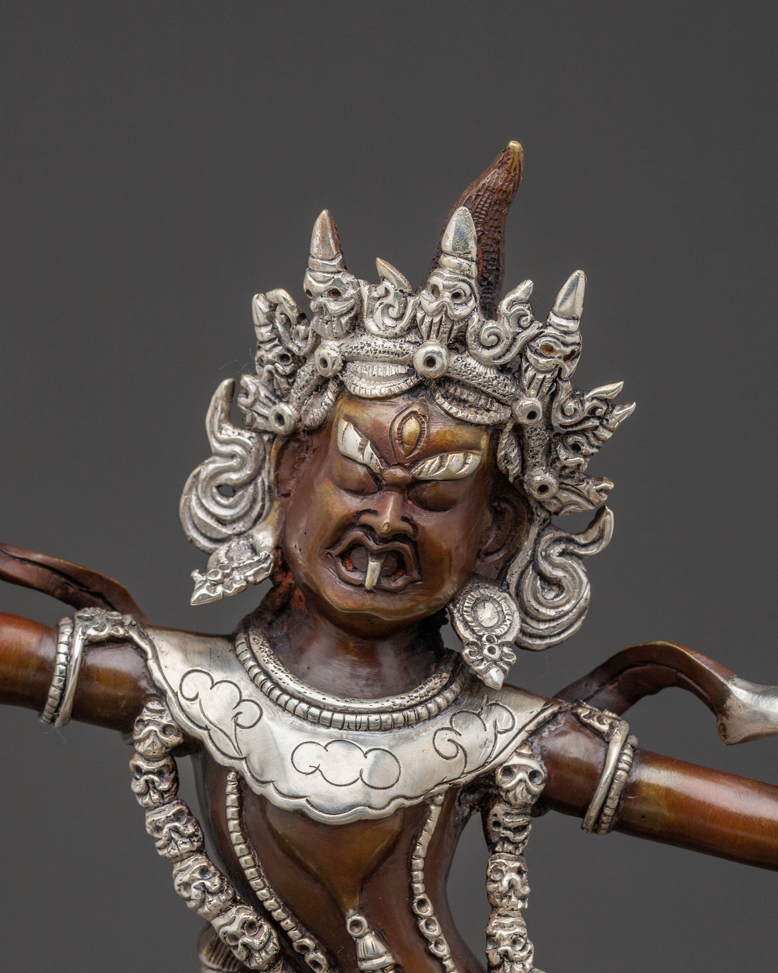 Three Nyingma Protectors Blessing Statue - Oxidized Silver Plated Statue