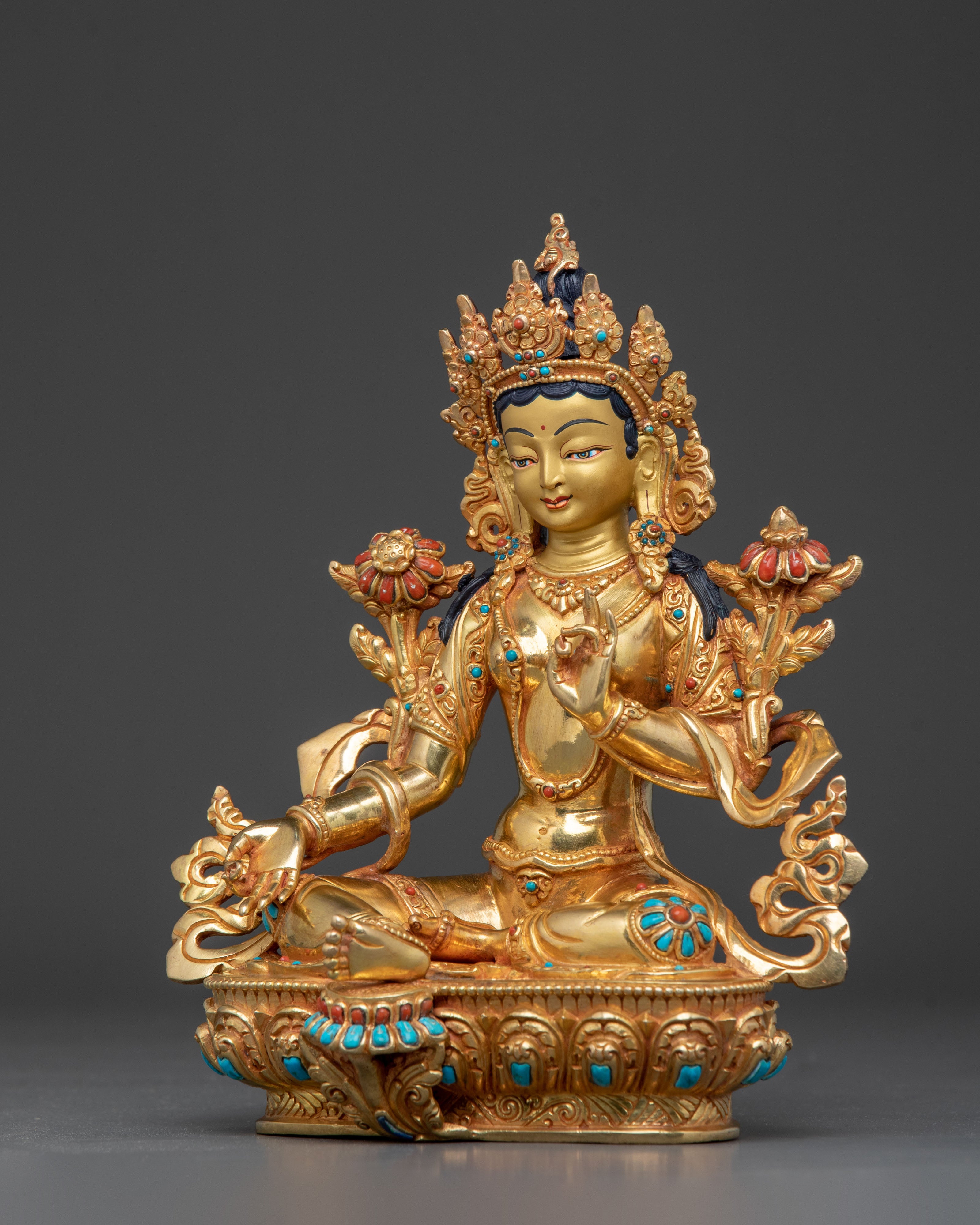 Green Tara 24K Gold Gilded Statue | Himalayan Artistry