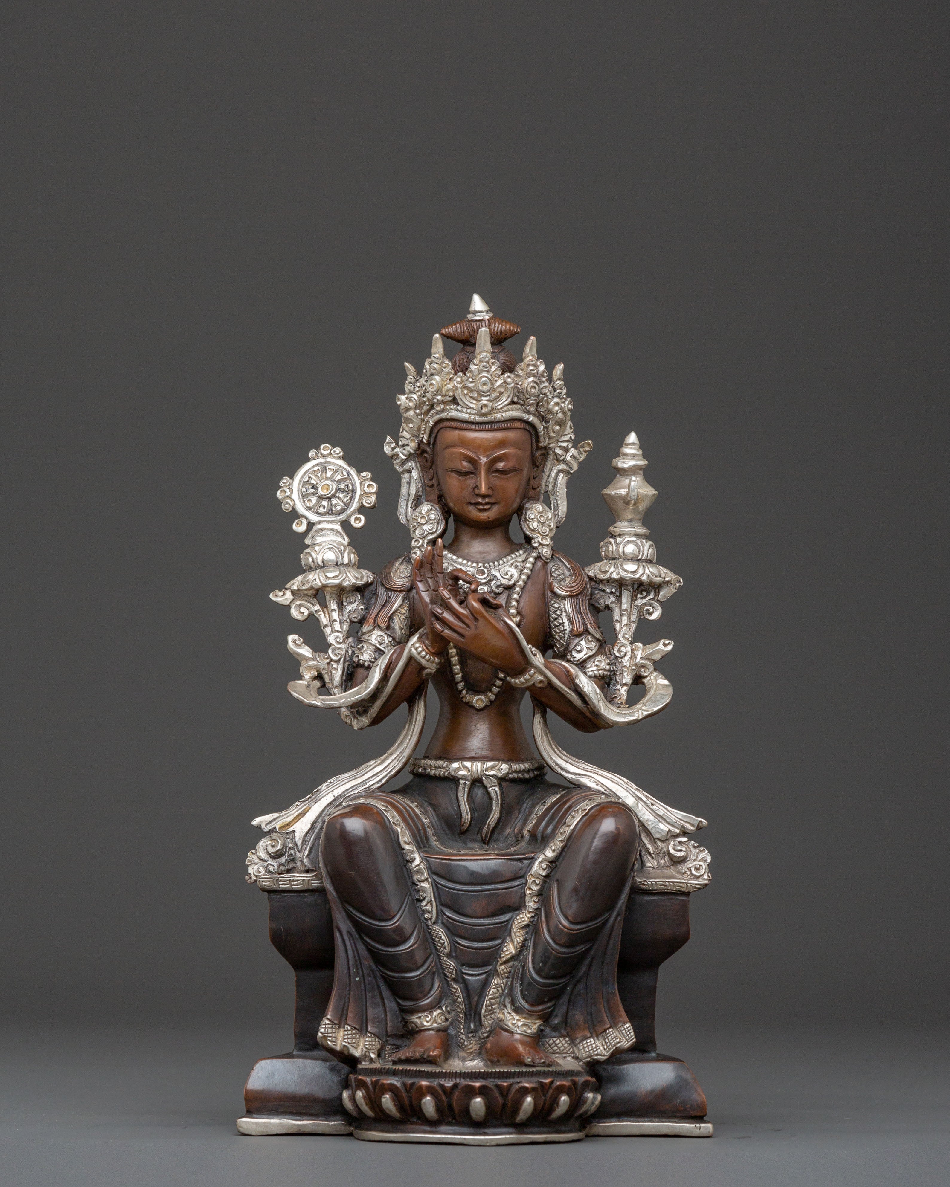 Sacred Maitreya Buddha Copper Statue – Tranquil Silver Finish