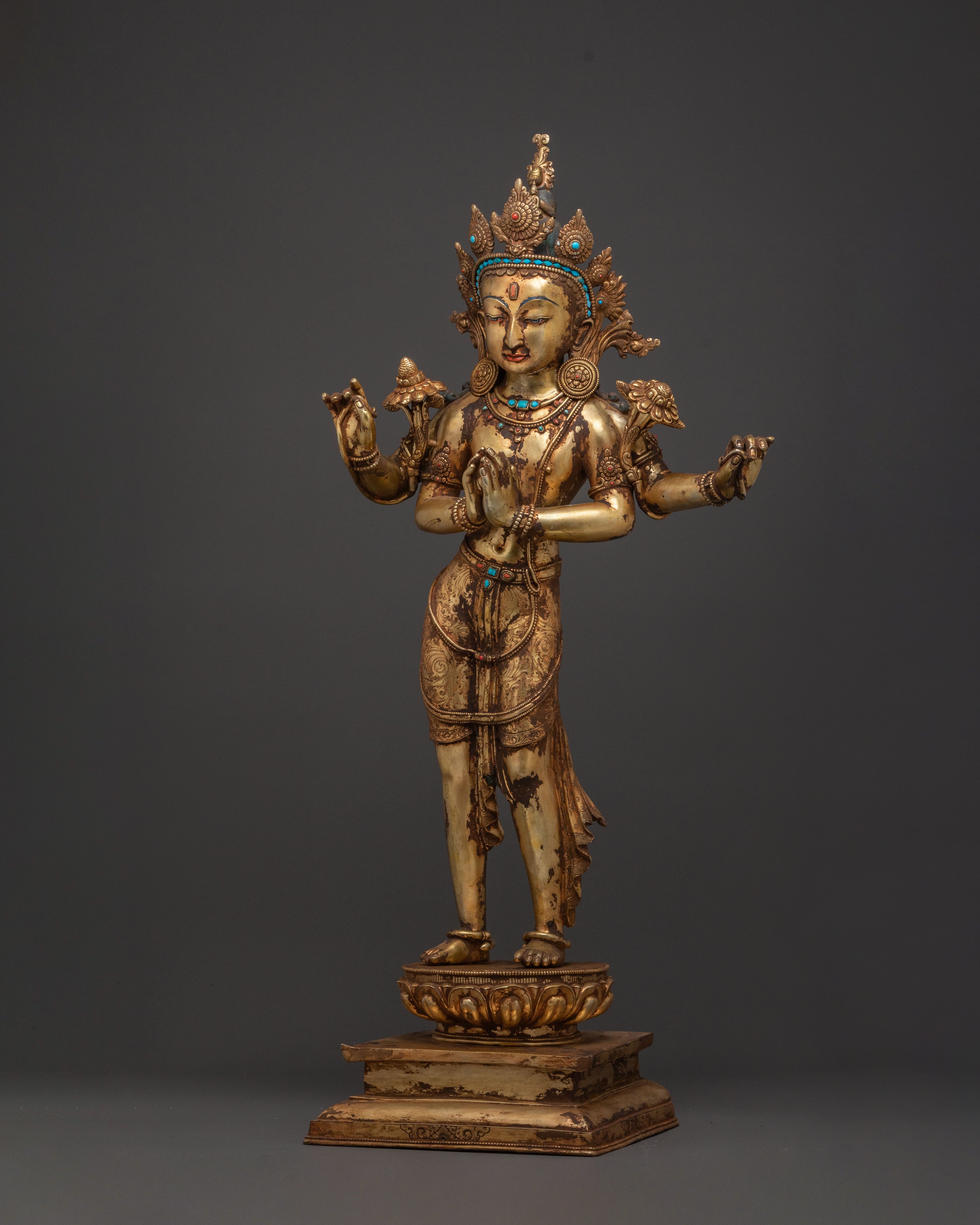 Handcrafted Lokeshwor Blessing Statue | 24K Gold Gilded Antique Statue