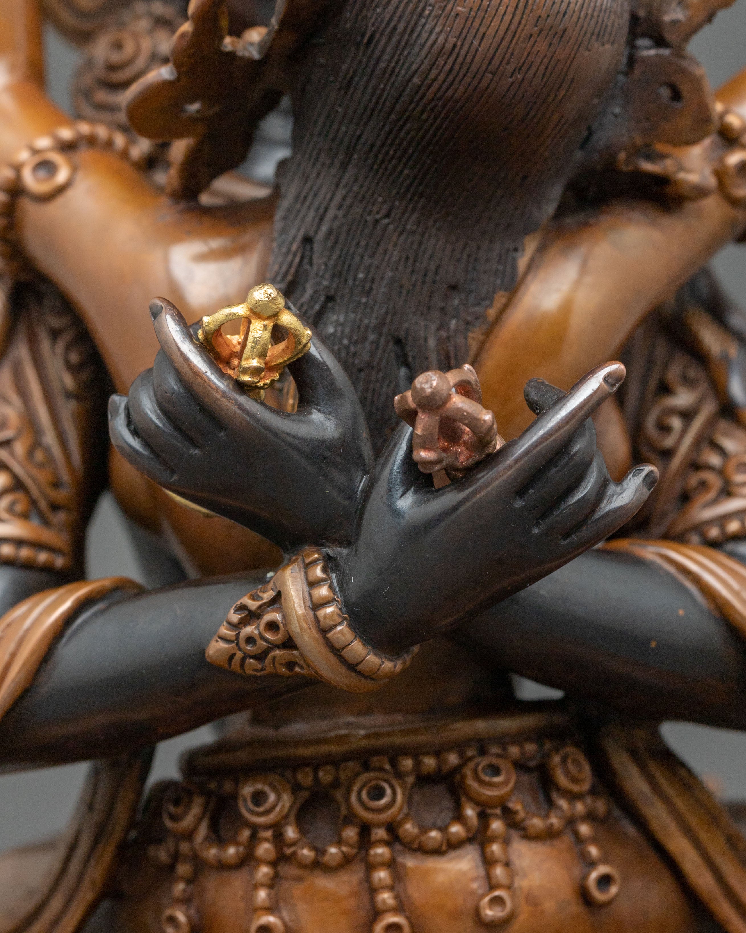 Vajradhara Sacred Sculpture with Consort: Oxidized Copper Staue