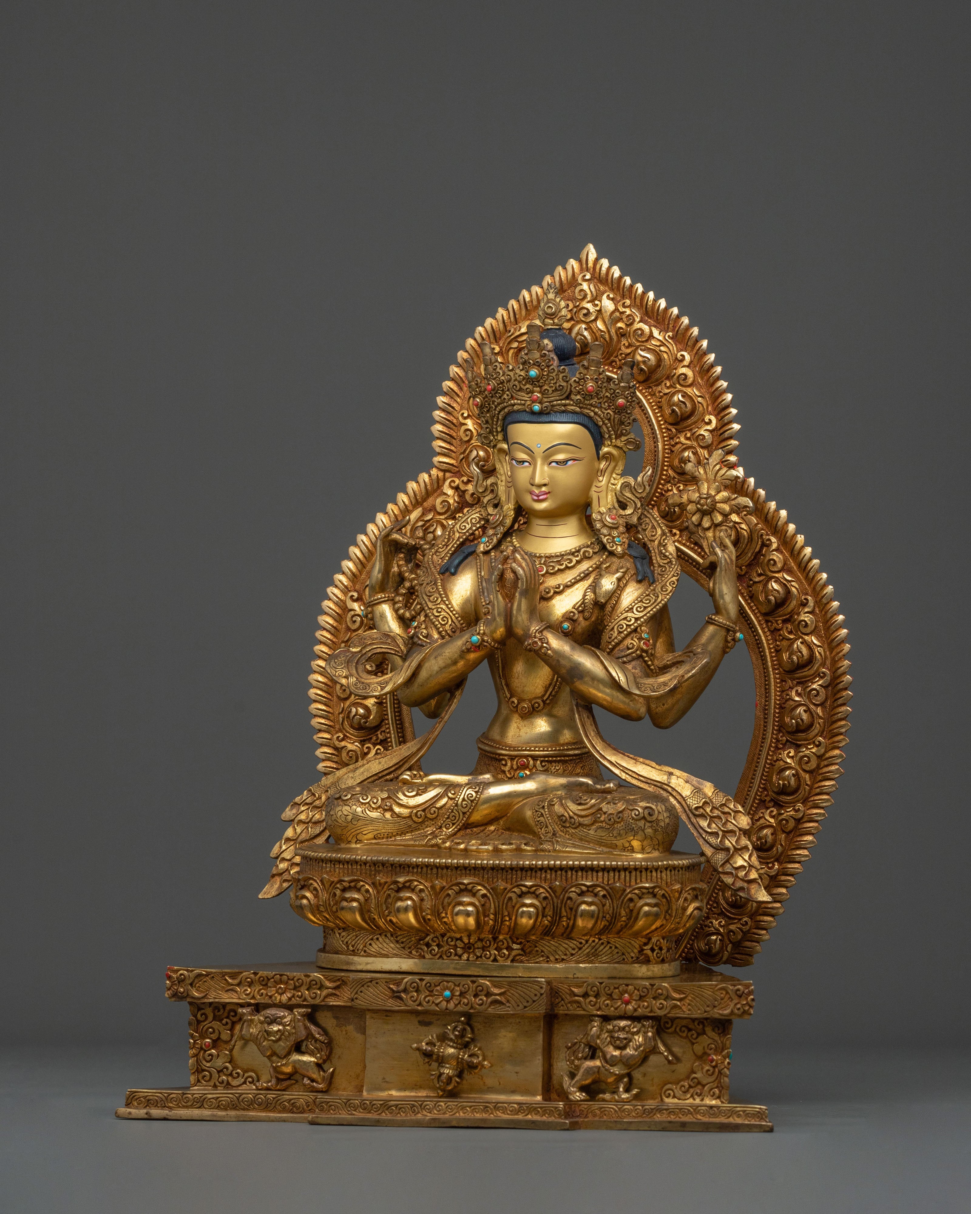 Chenrezig Fire Gold Gilded Statue | Buddhist Figurine