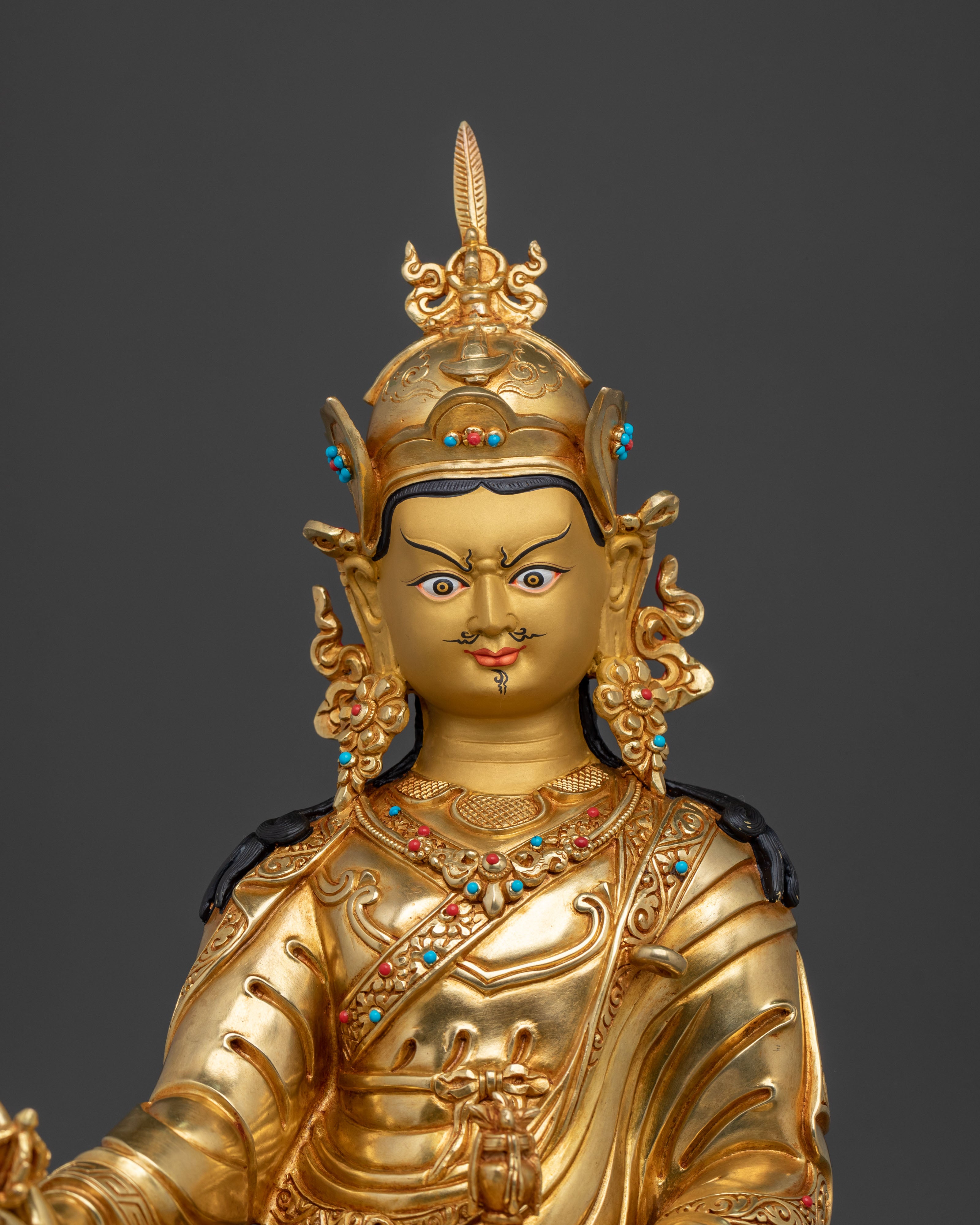 Buddhist Precious Figurine of Guru Rinpoche in Glimmering 24K Gold