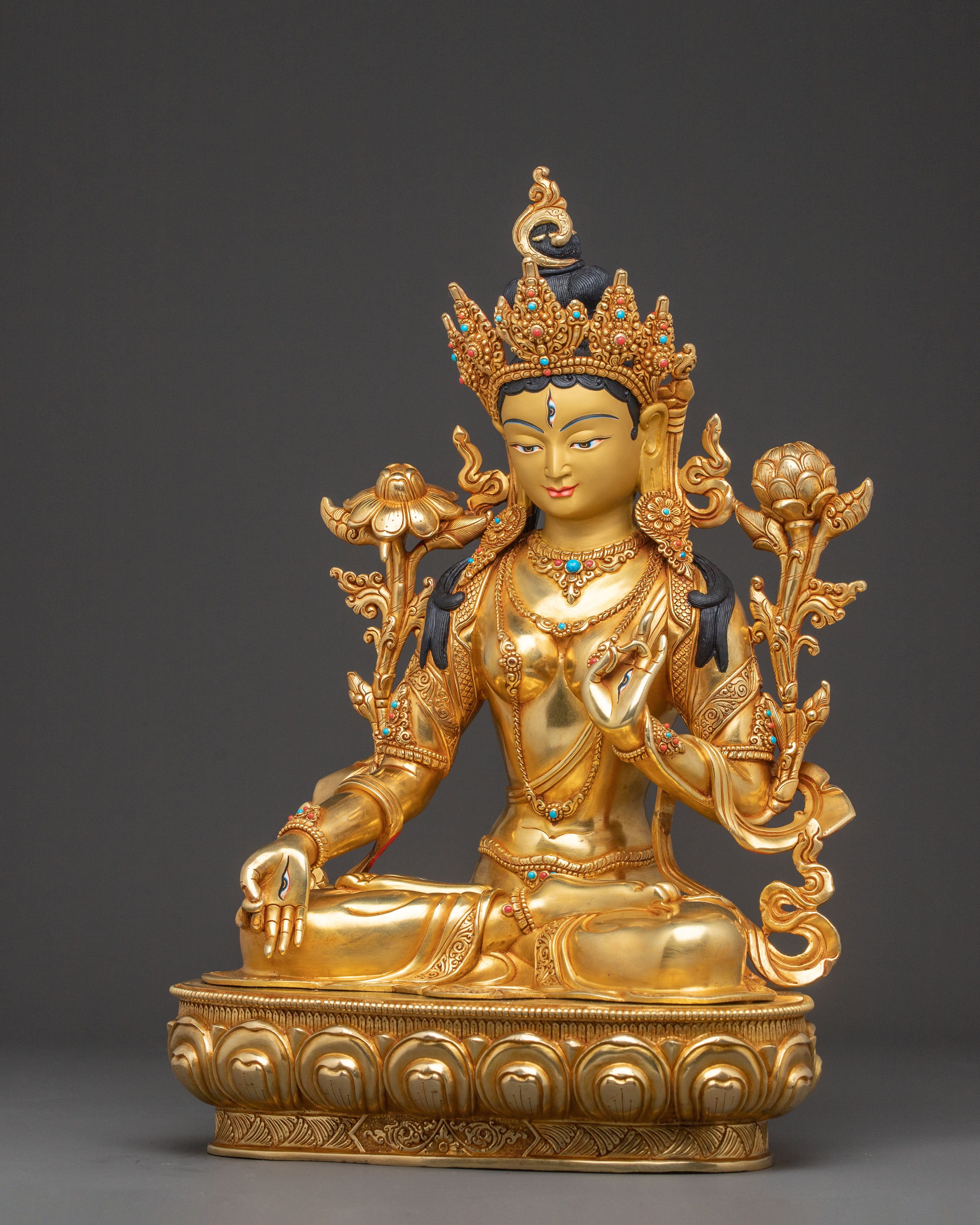 Nepalese White Tara Copper Statue | 24k Gold-Gilded Serenity