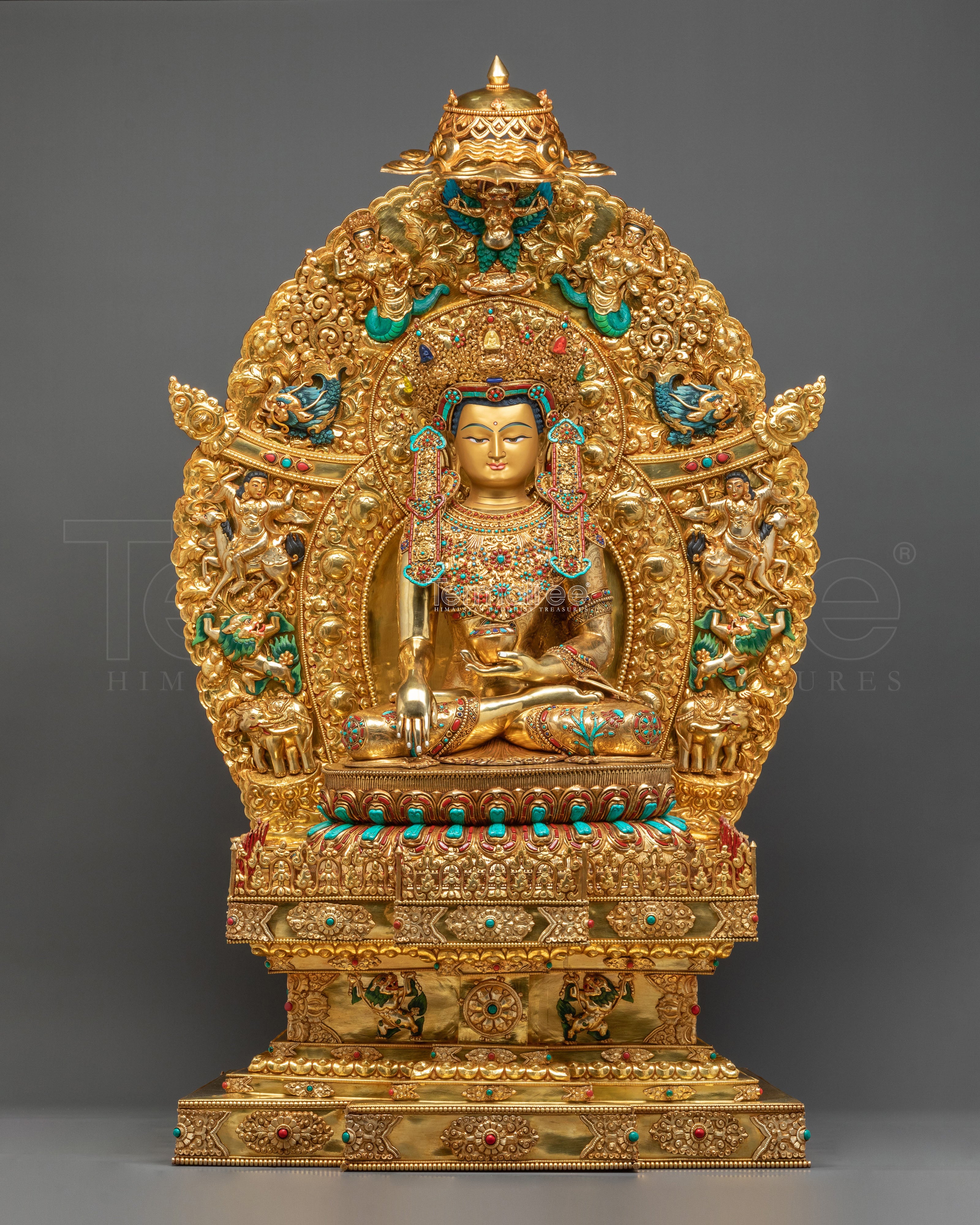 Crown Shakyamuni Buddha on Throne | Exquisite 24K Gilded Figurine
