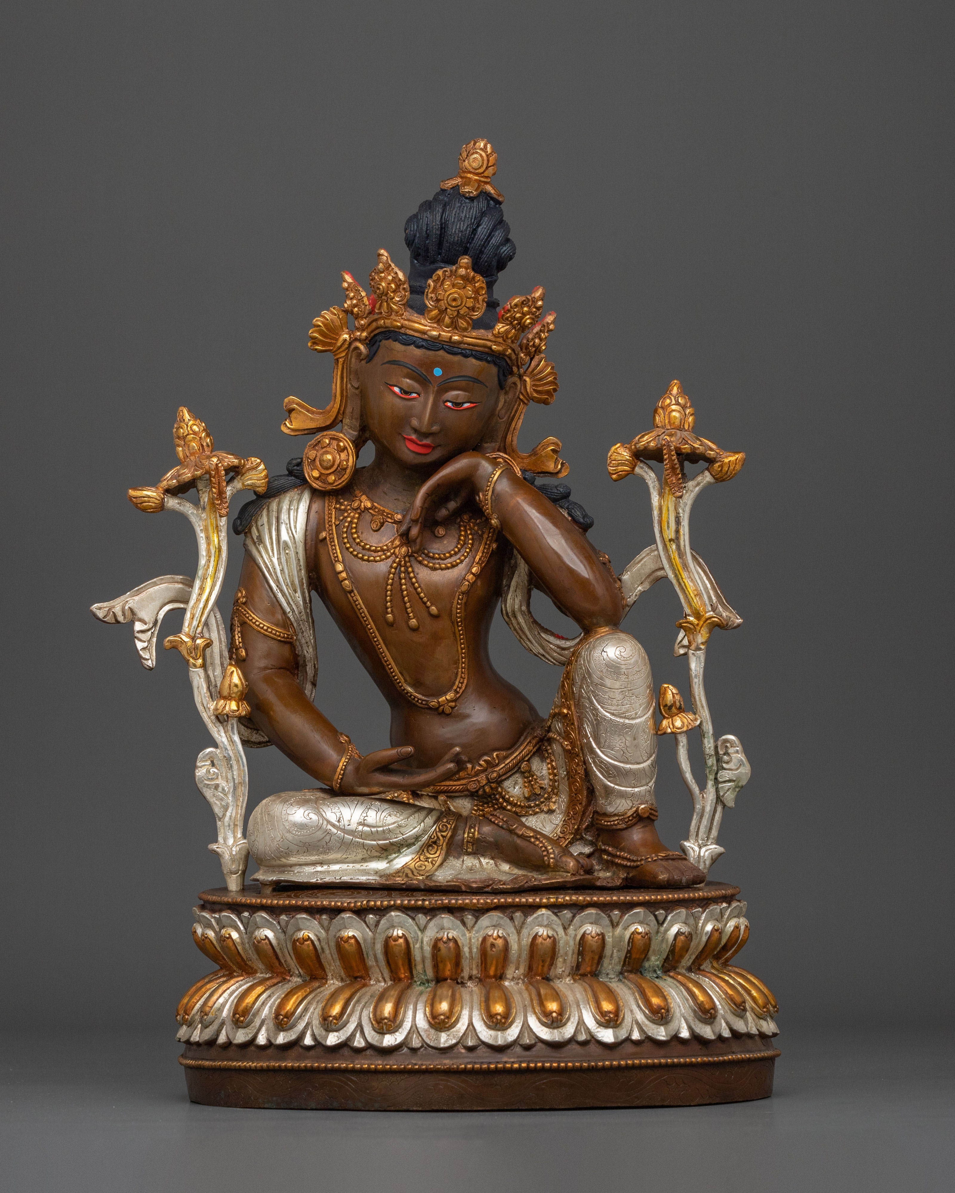 Avalokiteshvara Bodhisattva of Compassion Statue in Silver and Gold Plated