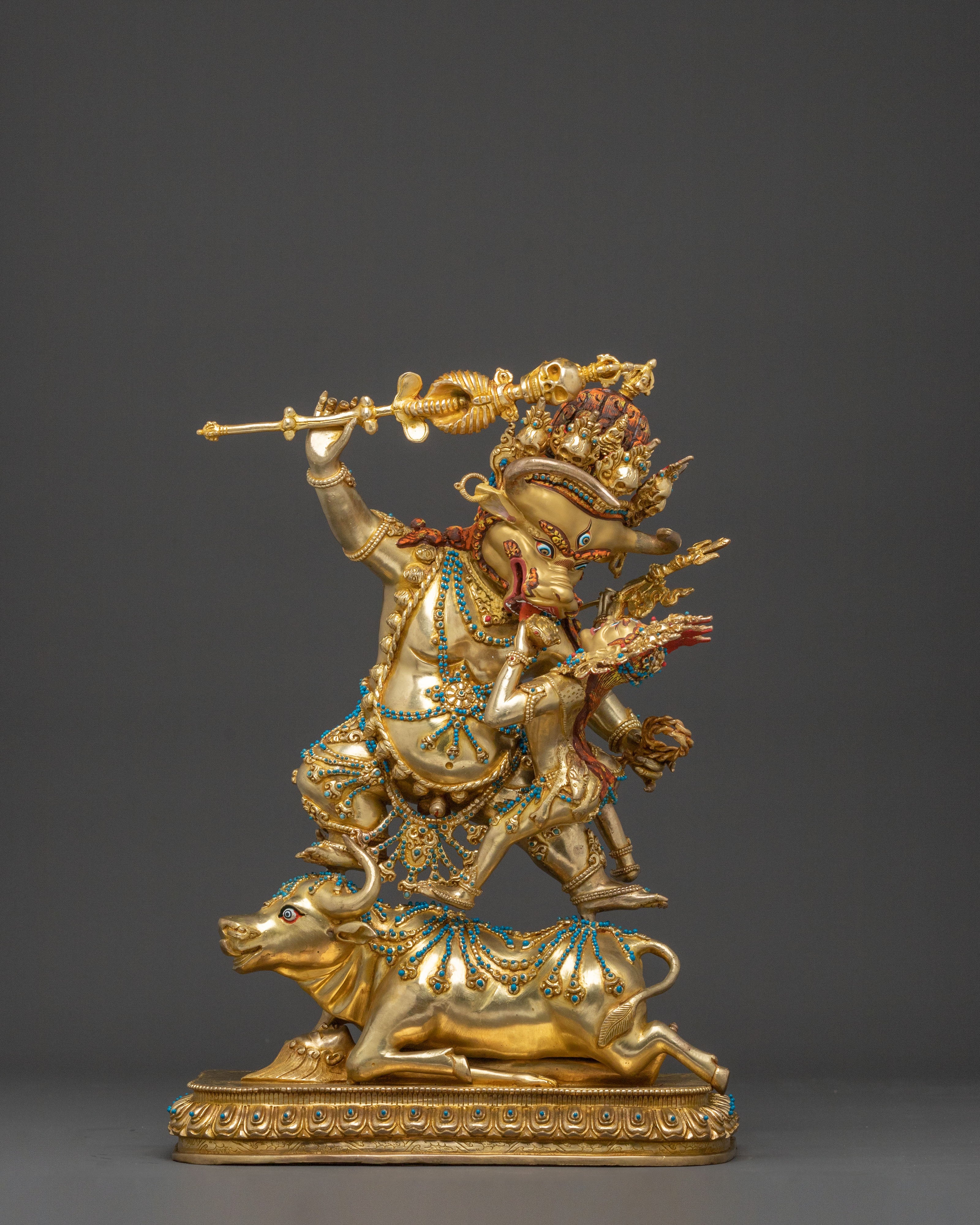 Yama Dharmaraja Sacred Statue: 24K Gold Gilded Protector